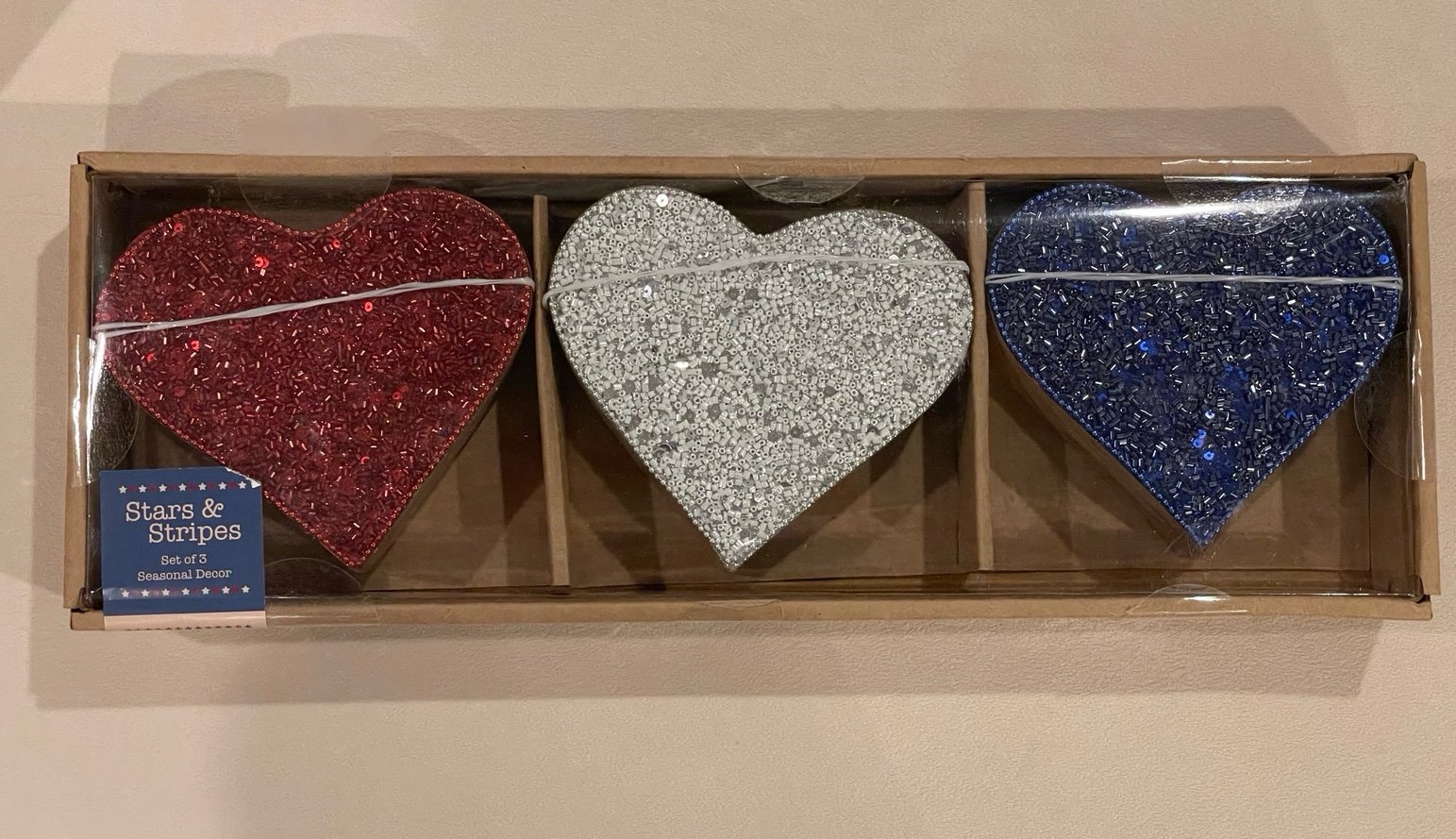 Wooden Beaded Sequins Hearts - 3 count