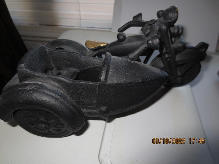 Cast Iron Motorcycle with side shops car black gold trim heavy