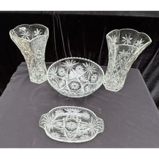 Lovely Vintage Lot Of Heavy Glass Flower Star Pattern Serving Pieces Vases Bowl