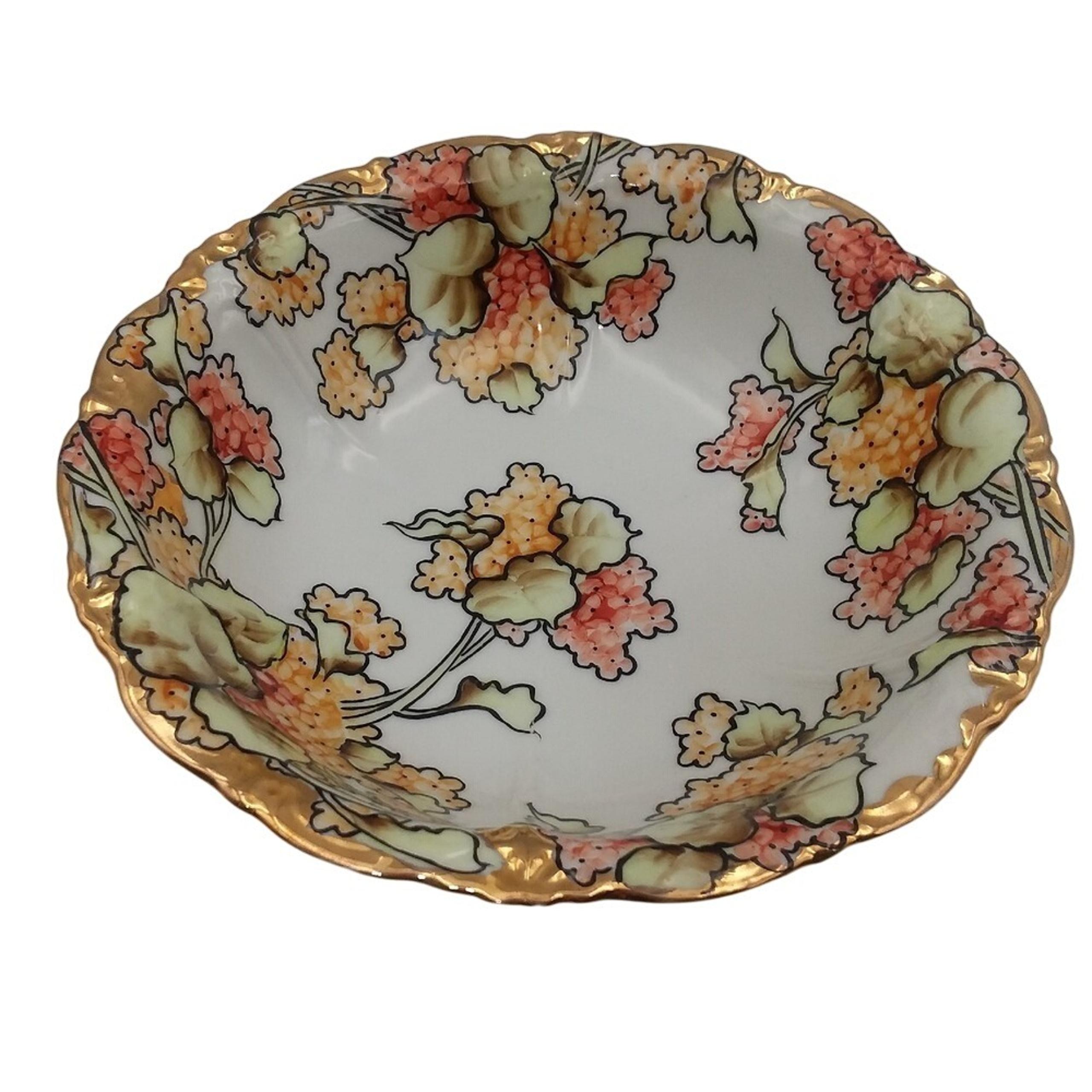 Vintage Nippon Noritake Hand Painted Bowl Floral Gold Accent Scalloped Edge 9"