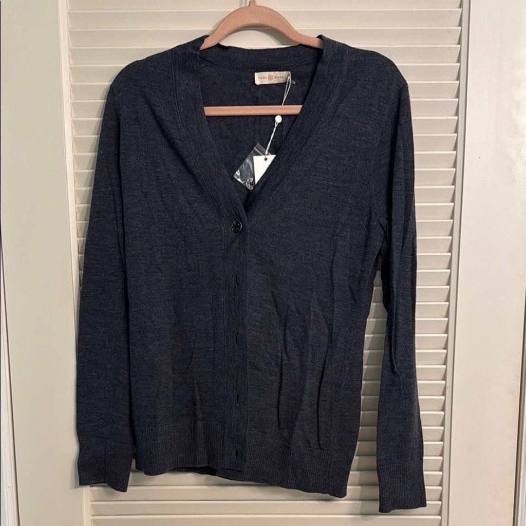 Tory Burch Simone Wool Charcoal Cardigan TB Logo Buttons Large NWT
