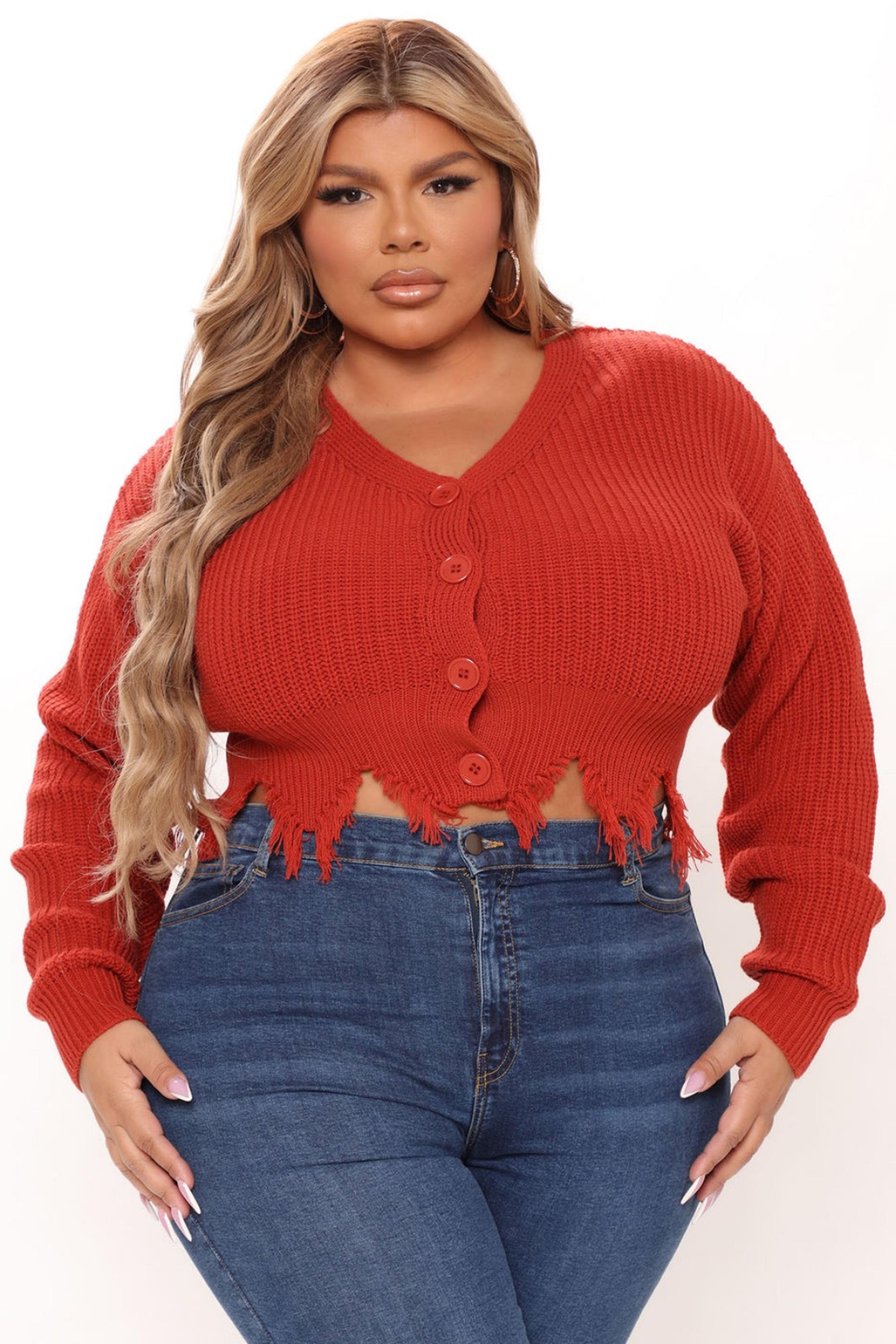 NWT • Fashion Nova • Rust Orange Acrylic Distressed Cardigan Sweater 1X Button