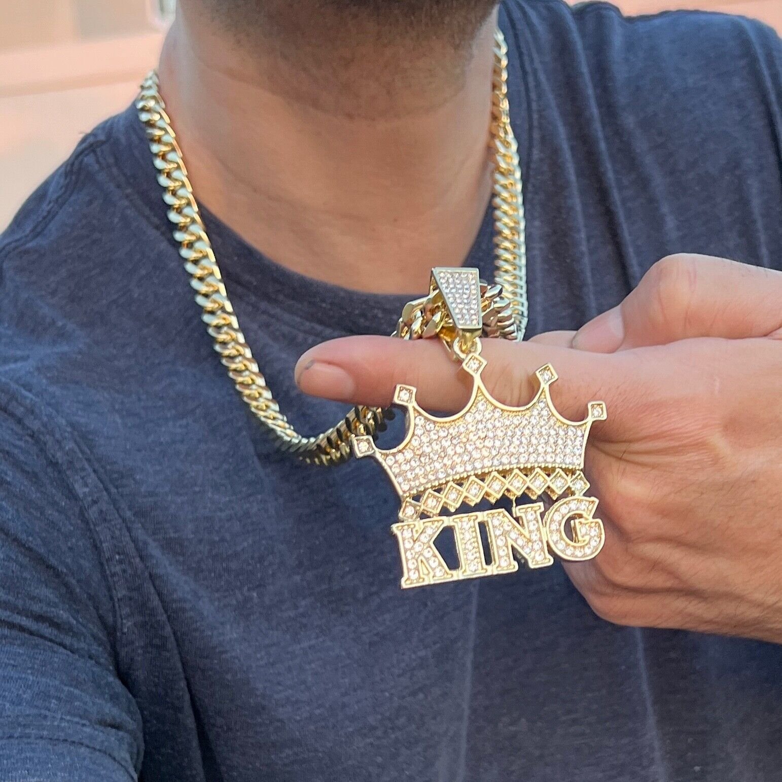Men's 14K Gold Plated Crown King Hip Hop Pendant Iced CZ Cuban Link Chain 30 