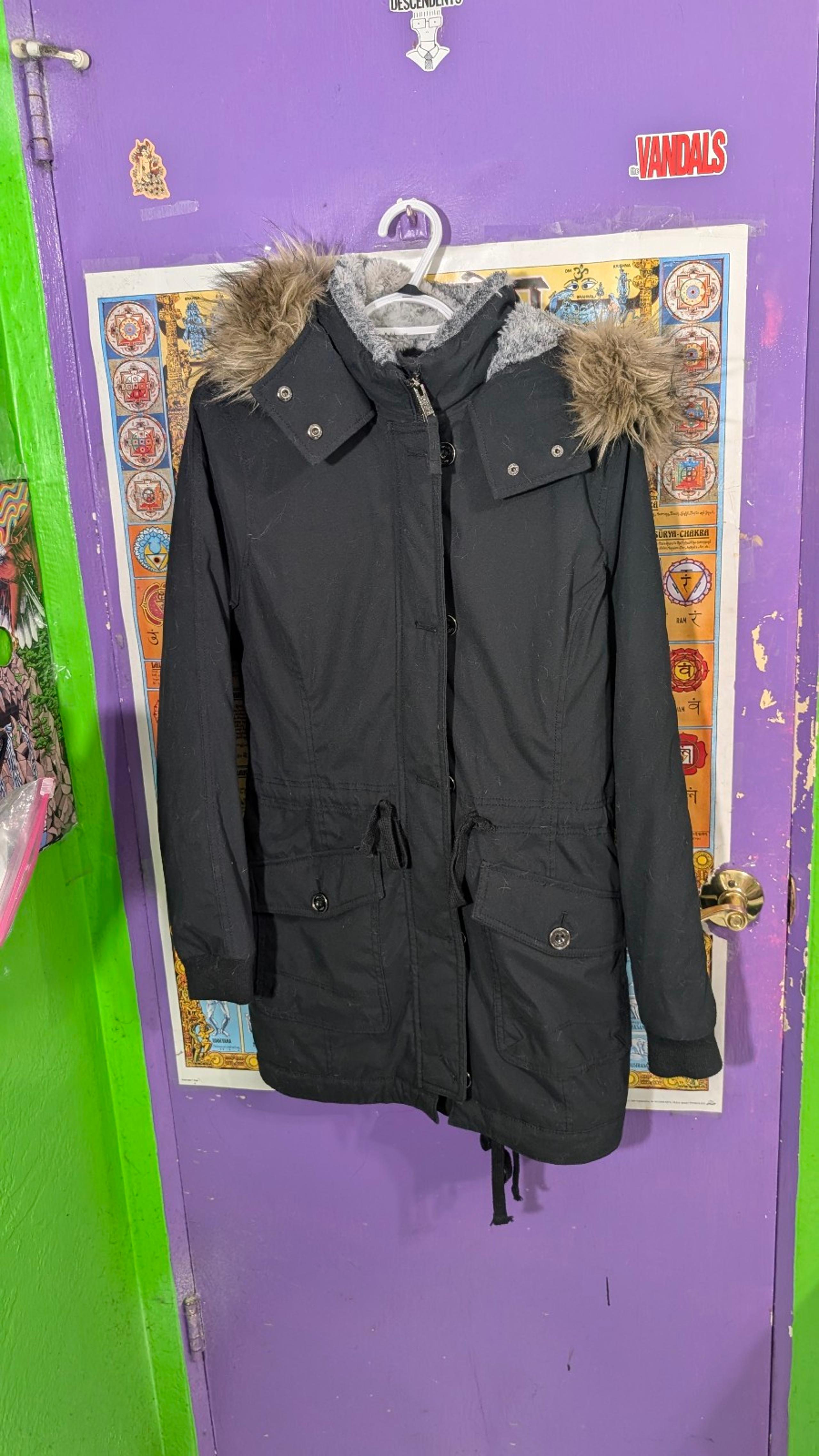 Hollister XL Women's Hoodie Parka Coat Black Fur Classic