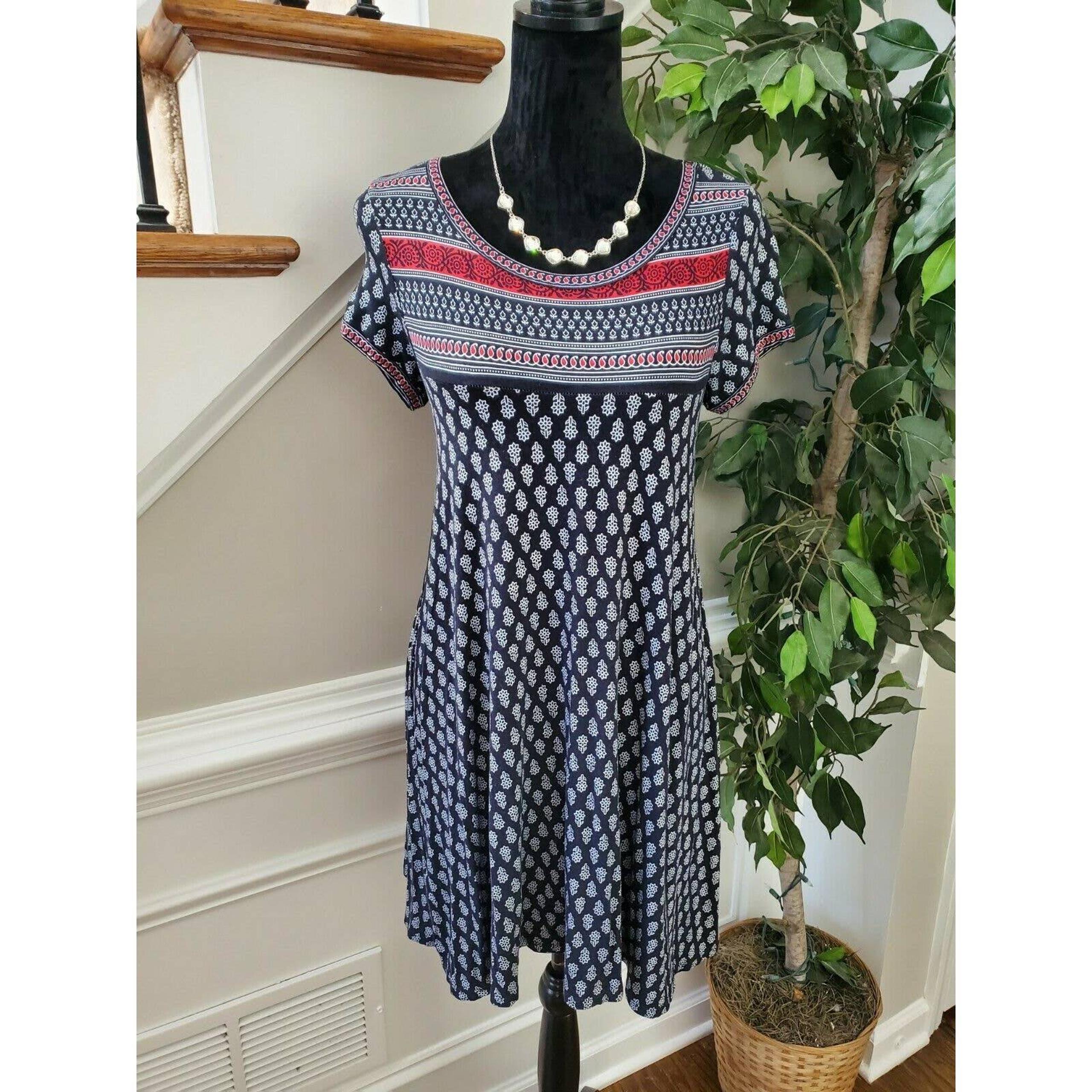 Max Edition Women Blue Floral Rayon Round Neck Short Sleeve Knee Length Dress S