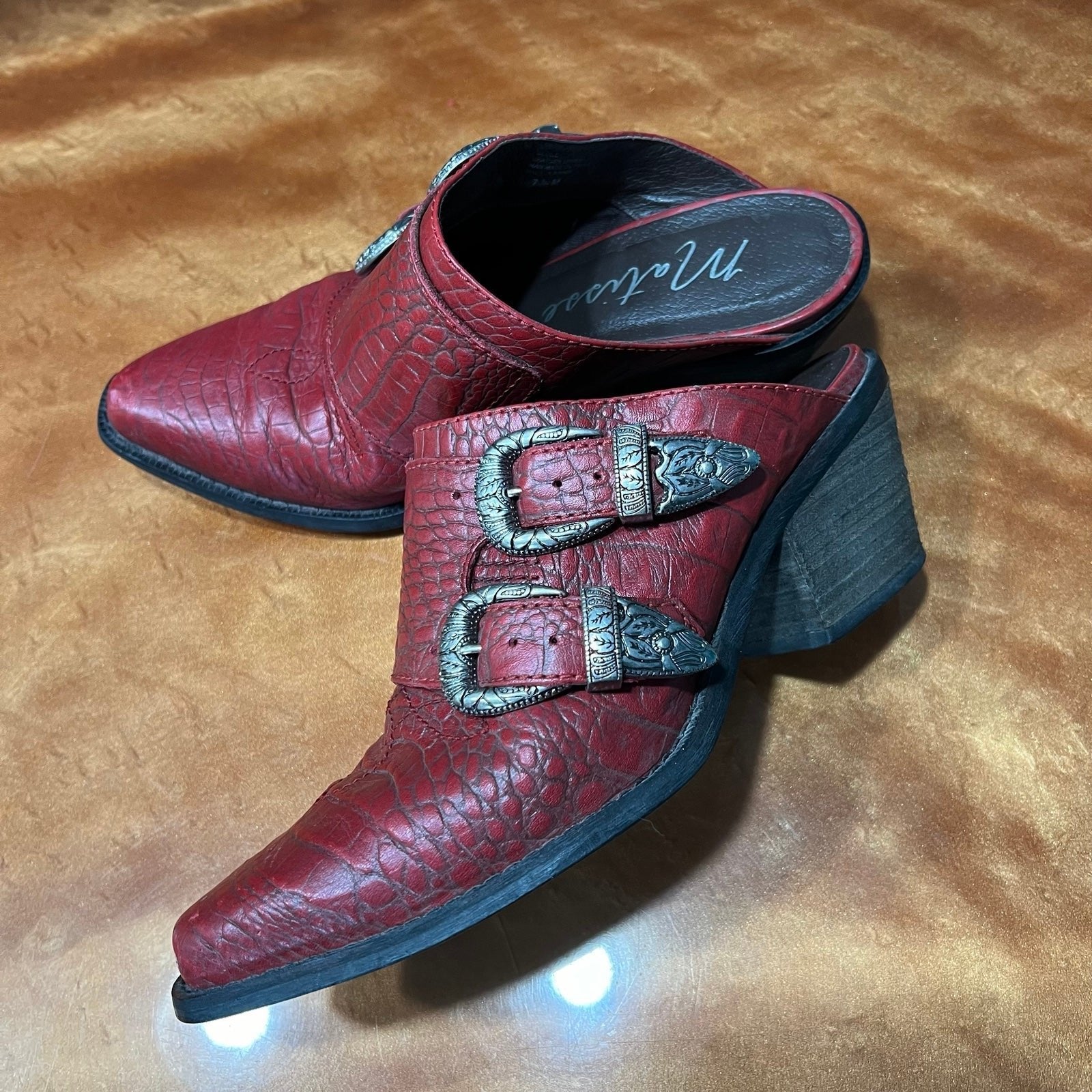 Matisse Bloke Red Leather Western Heeled Mules Buckles size 7.5
