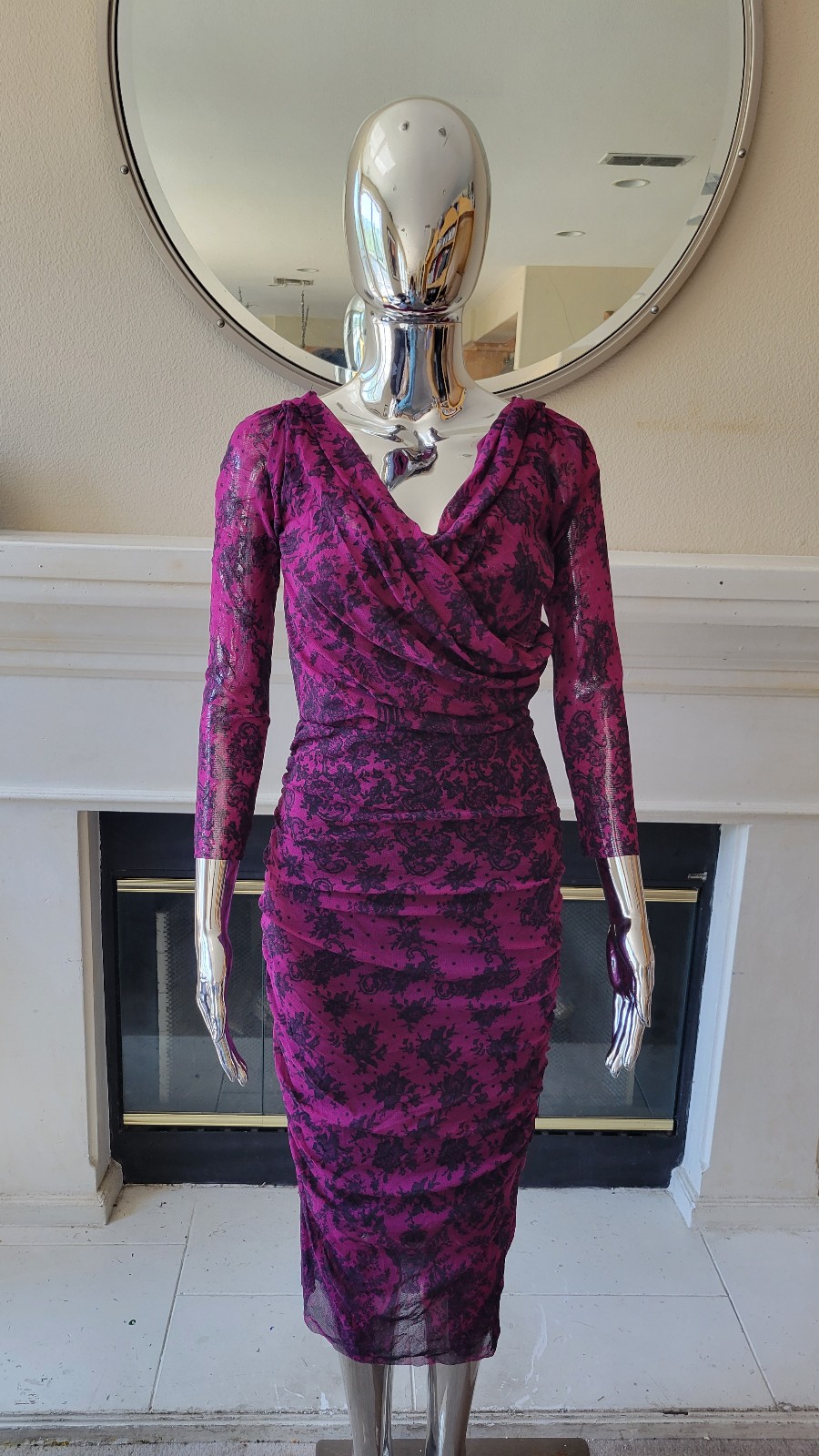 NEW Fuzzi GAULTIER Lace Print Ruched Tulle Gardenia Purple Dress size L NWT