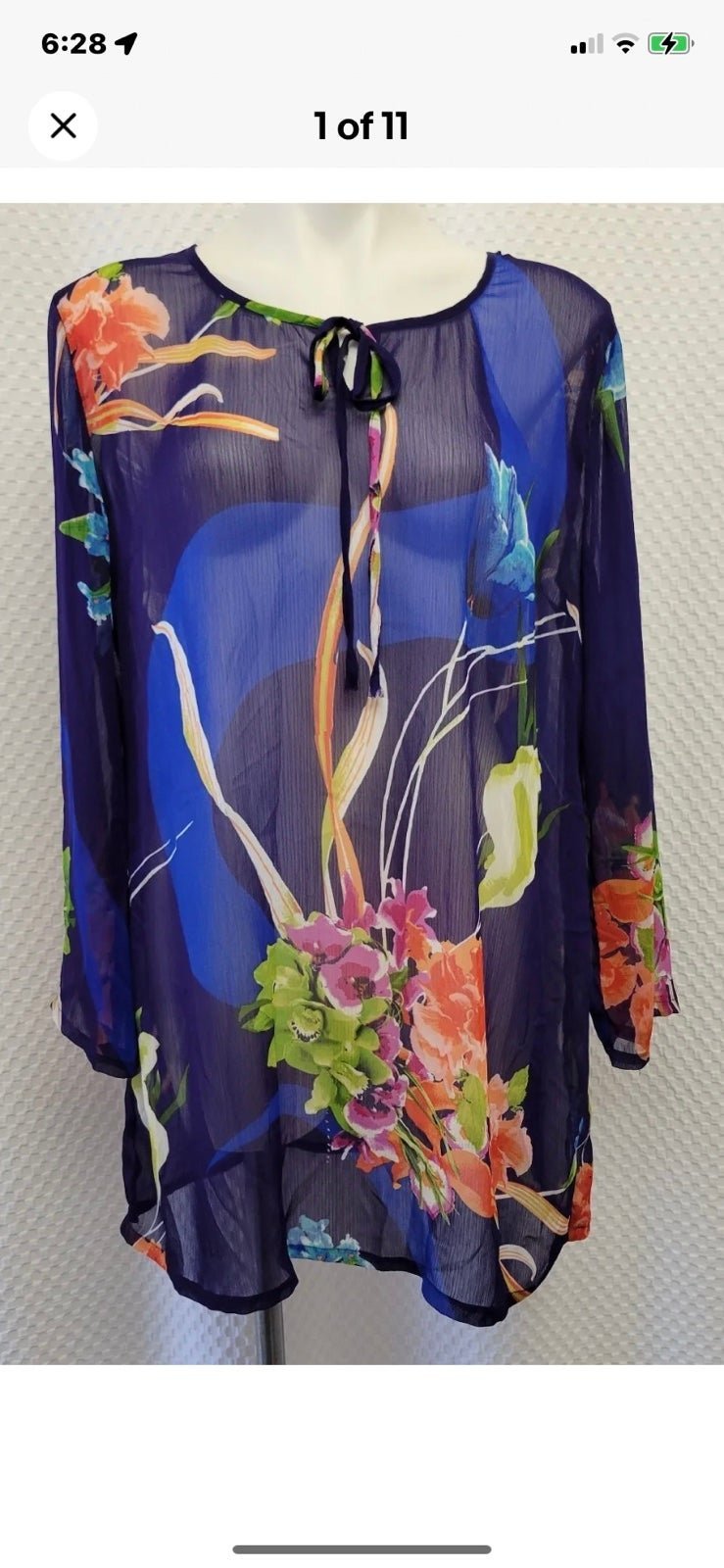 Soft Surroundings Semi Sheer Blue Tropical Chiffon Long Sleeve Tunic. Large