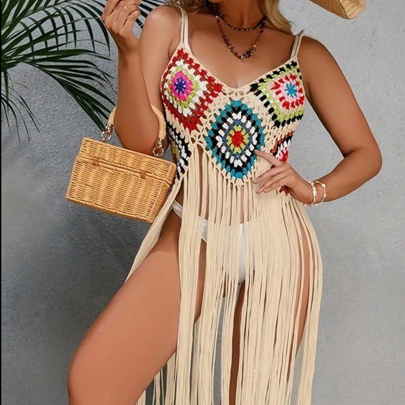 Beige Multi-Color Boho Tassel Beach Cover-Up Dress