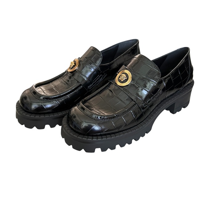 Versace Women’s Black croc-embossed Leather Medusa Mocassino Loafers, size 41