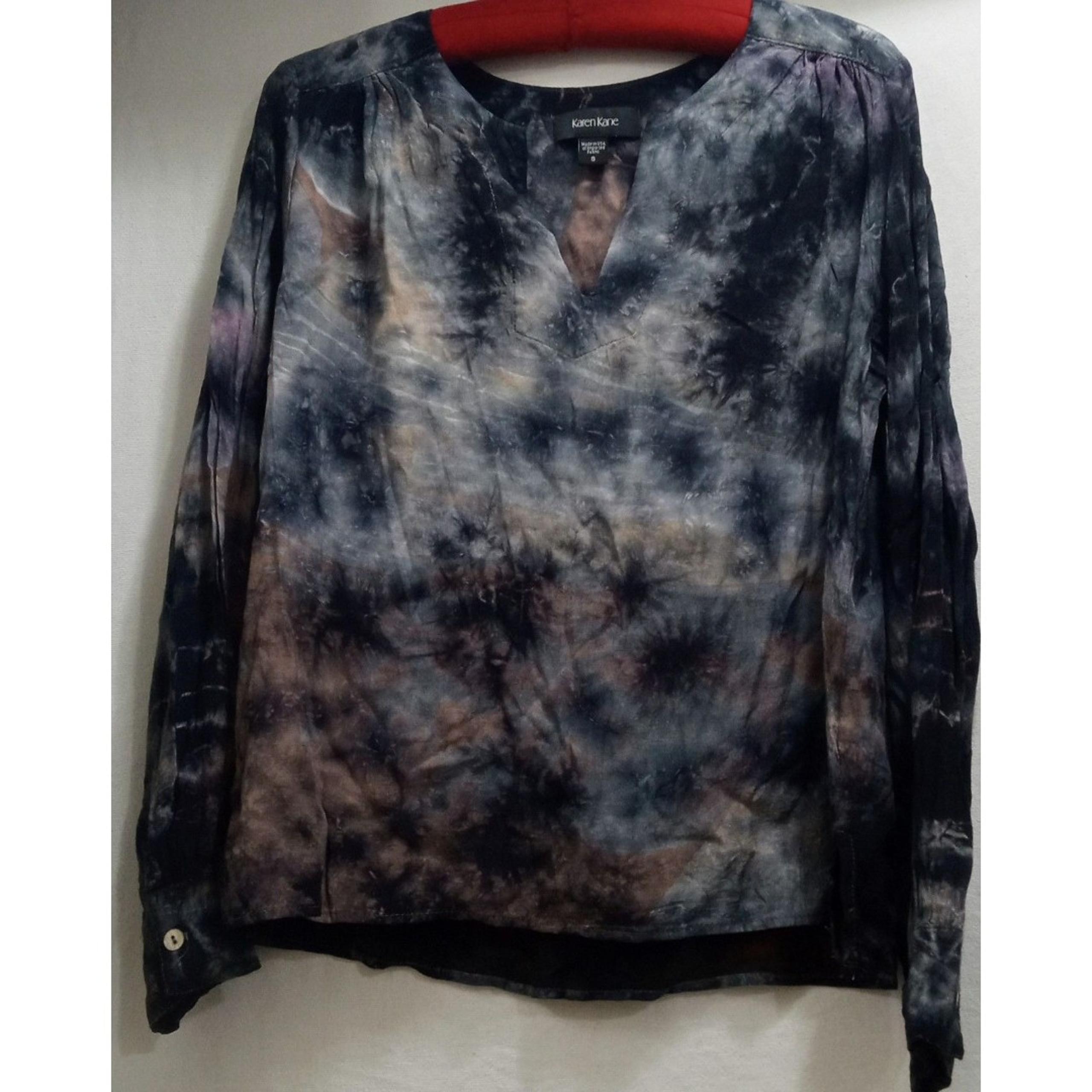Karen Kane Peasant Blouse Women's Sz Small Black Brown Tie Dye Long Sleeve Boho