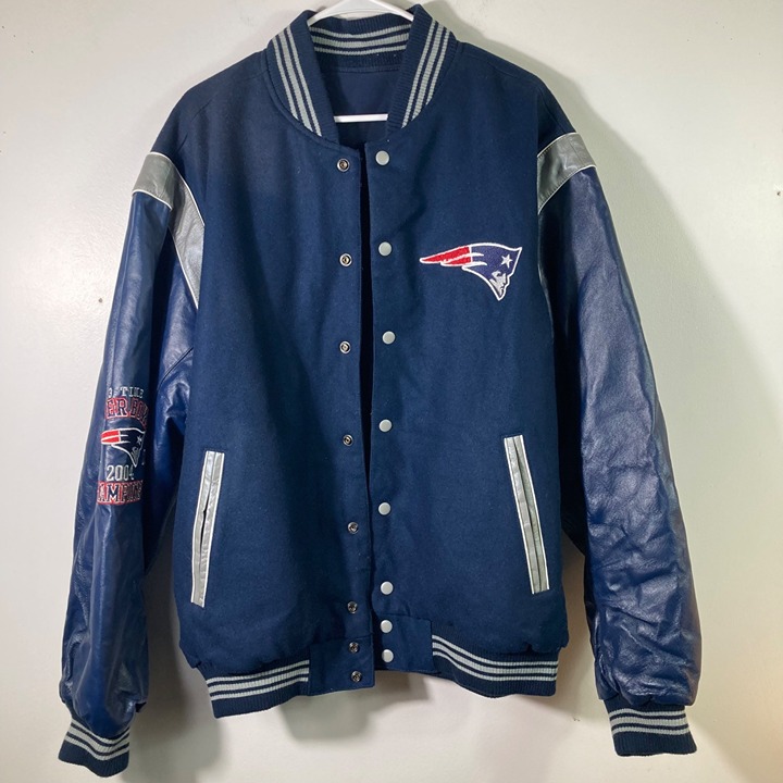 Mens Vintage NFL Patriots 3 Time Superbowl Jacket Leather Wool Reversible XL Nav