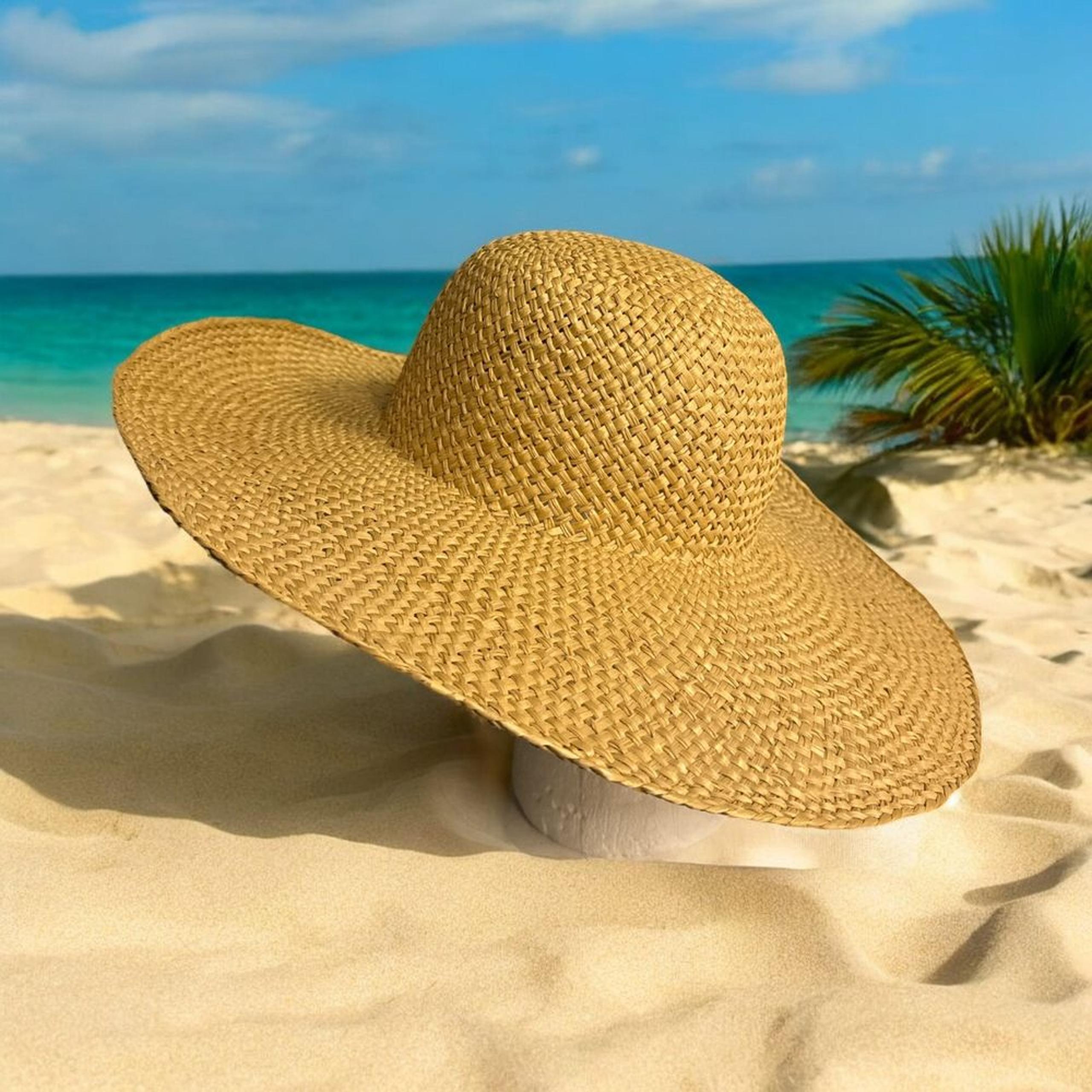 Vintage Sun Hat Women's One Size Floppy 100% Straw Wide Plain Brim Cap