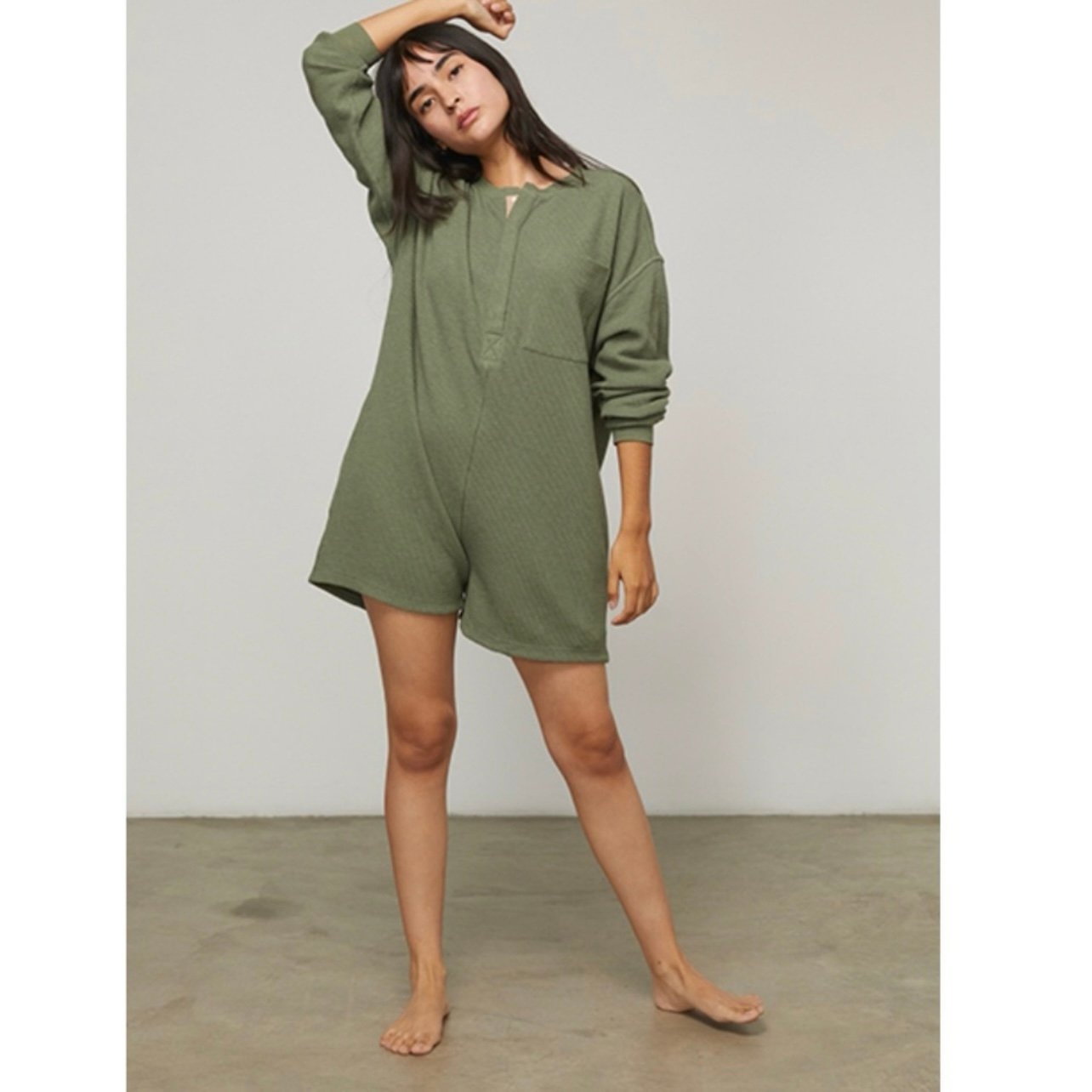 NWT Lunya Restore thermal long sleeve romper humble green heather size L