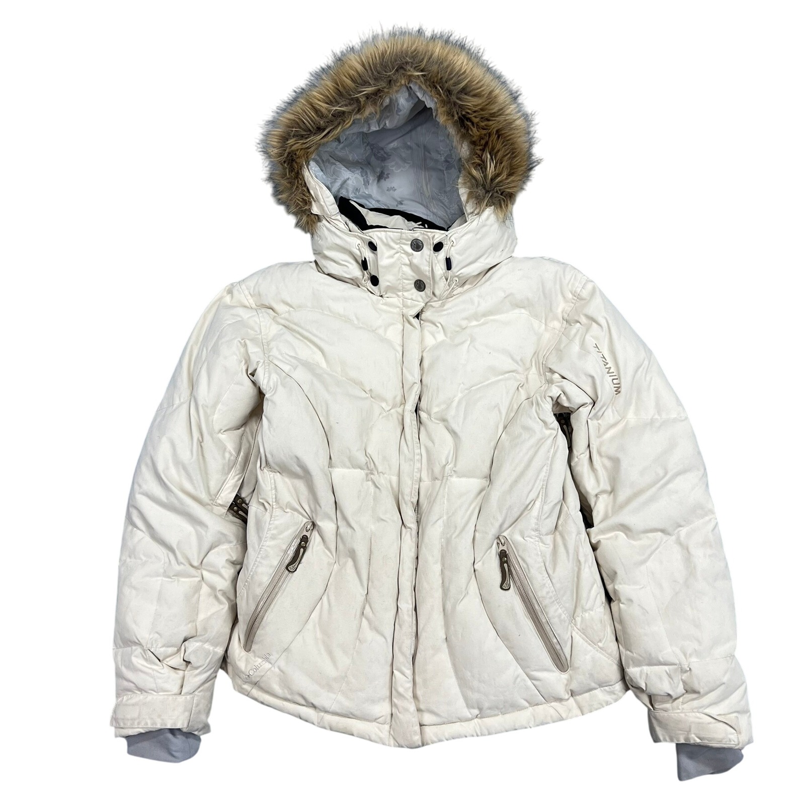 Columbia Titanium Down Puffer Jacket Insulated 550 Fill Fuax Fur Hood Full Zip L