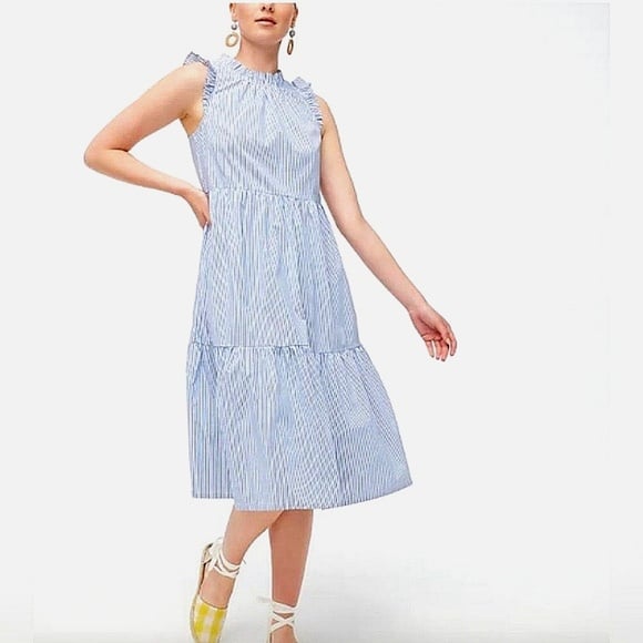J. Crew Tiered Flounce Ruffle Searsucker Blue and White Stripe Sleeveless Dress