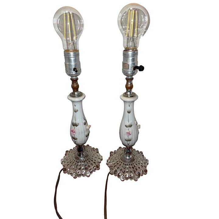 pair of depression era lamps roses porcelain and glass rewired and working