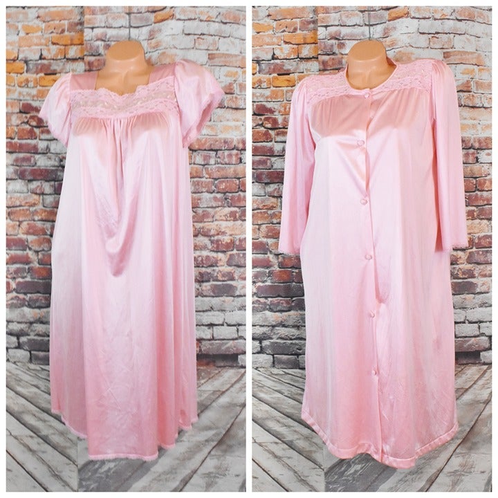 Vanity Fair Medium 2 Pc Set Gown Duster Robe Vintage Made In USA Tricot Nylon