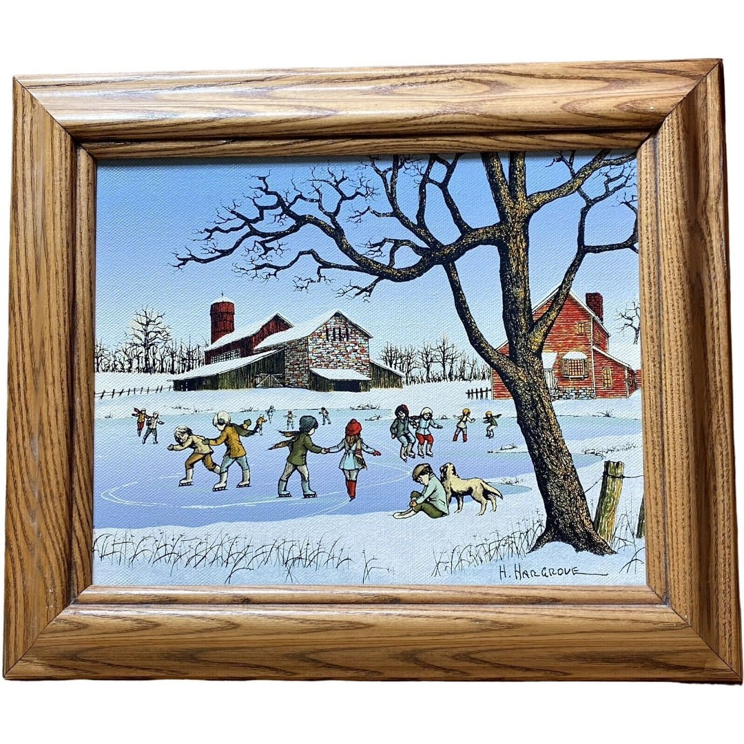 H Hargrove Oil Painting Serigraph Children Ice Skating Pond Signed Certified