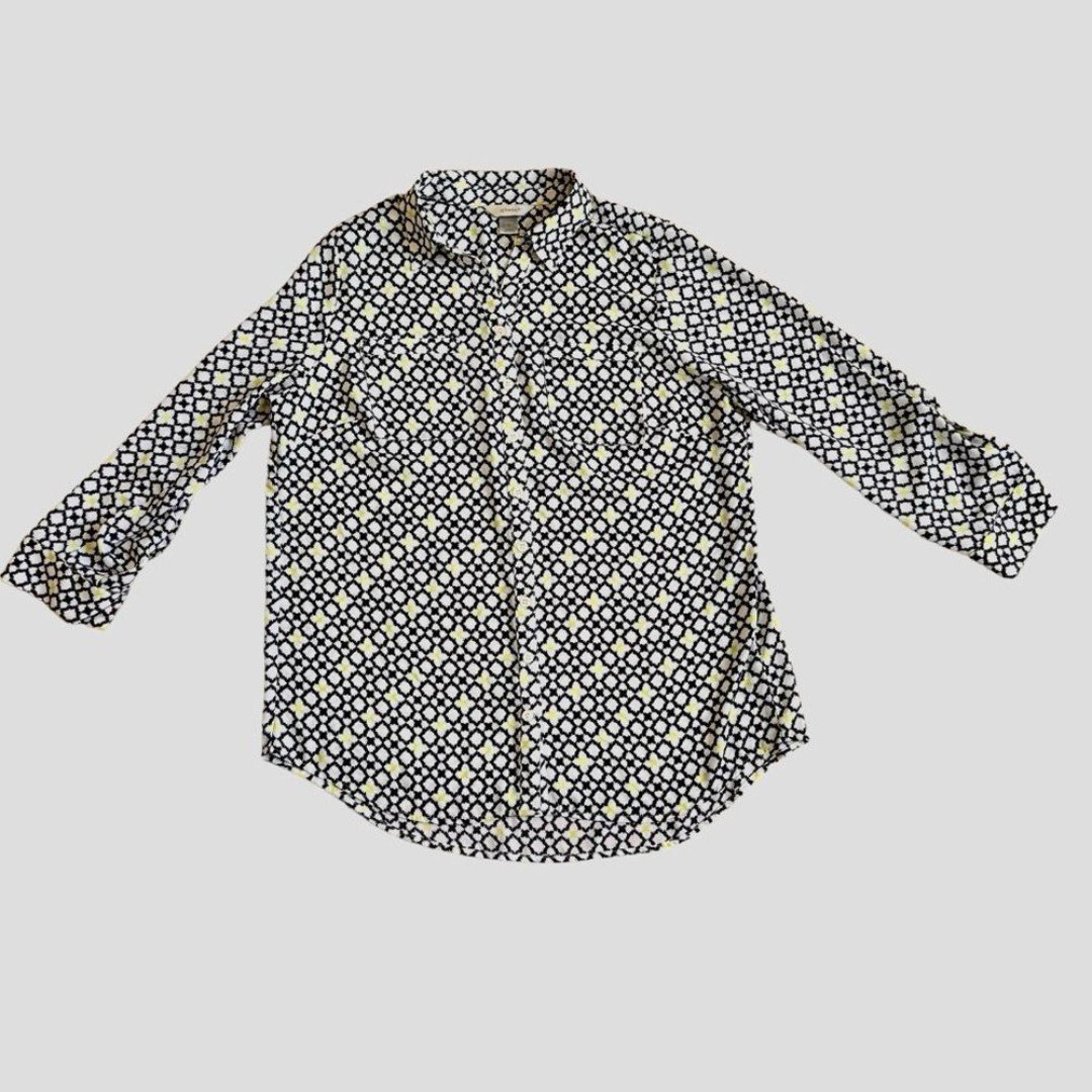 CJ Banks Tunic Shirt Button Up Collar Long Sleeve Tub Roll Black White Green 1X