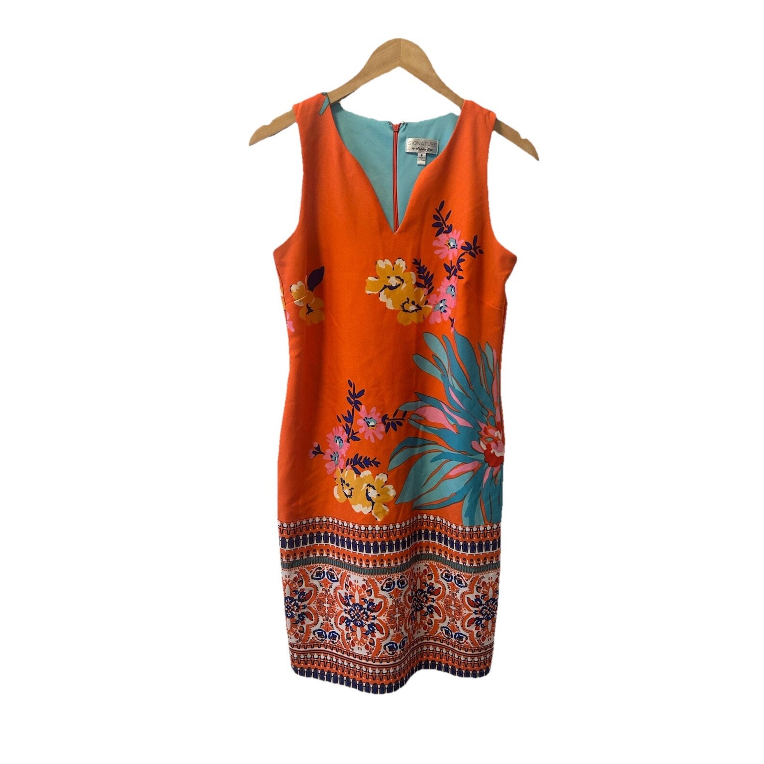 Signature By Robbie Bee Midi Dress Size 6 Floral Sleeveless Knee Length Orange
