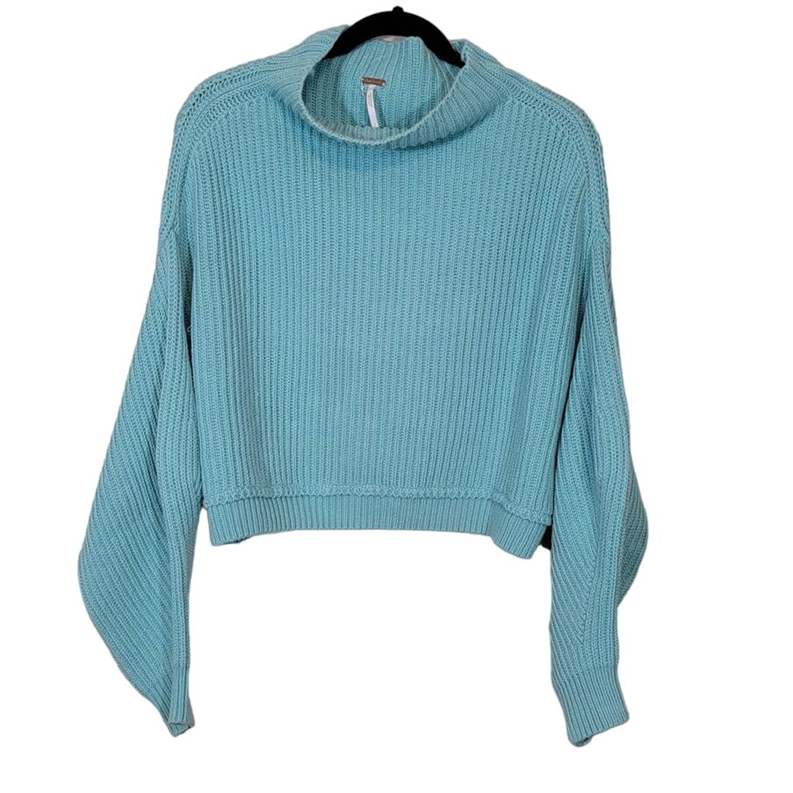 Free People Women's Cropped Mock Neck Rib Knit Sweater Pullover Blue Small