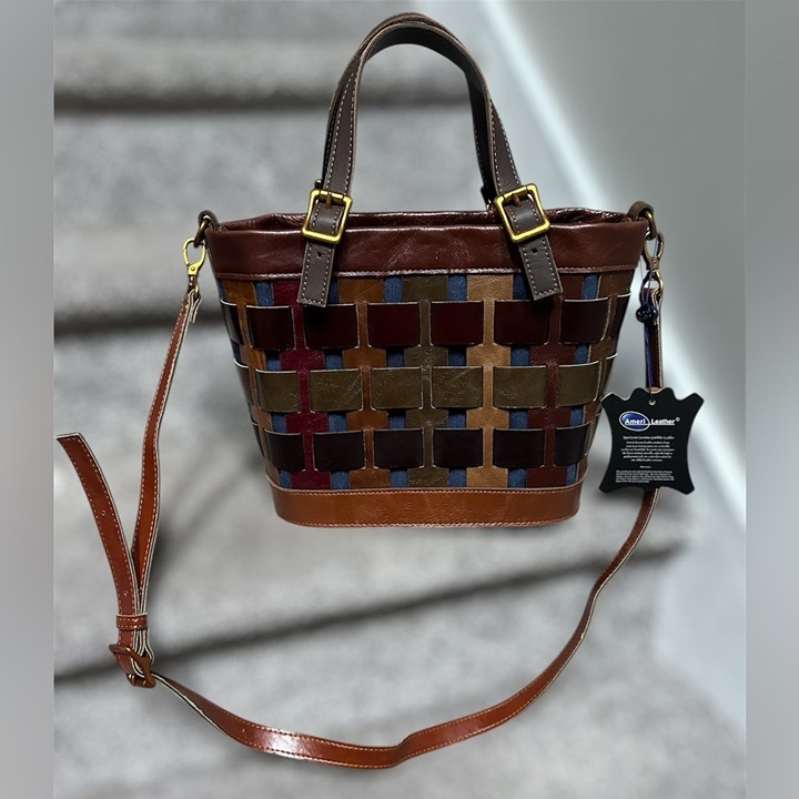 NEW Amerileather Dorgon Leather Rainbow Bucket/Basket Handbag (#1280-9)