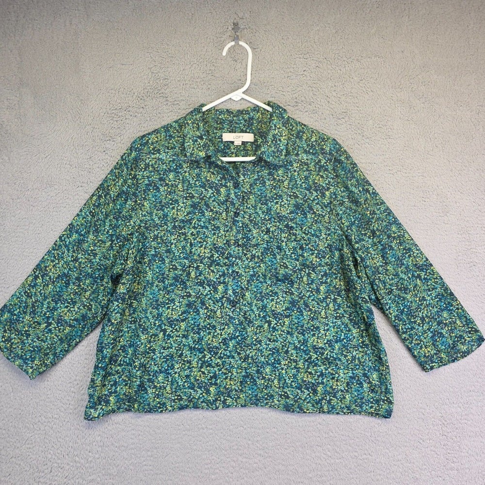 Ann Taylor Loft Top Womens XL Green Button Up Spotted Printed Blouse Lightweight