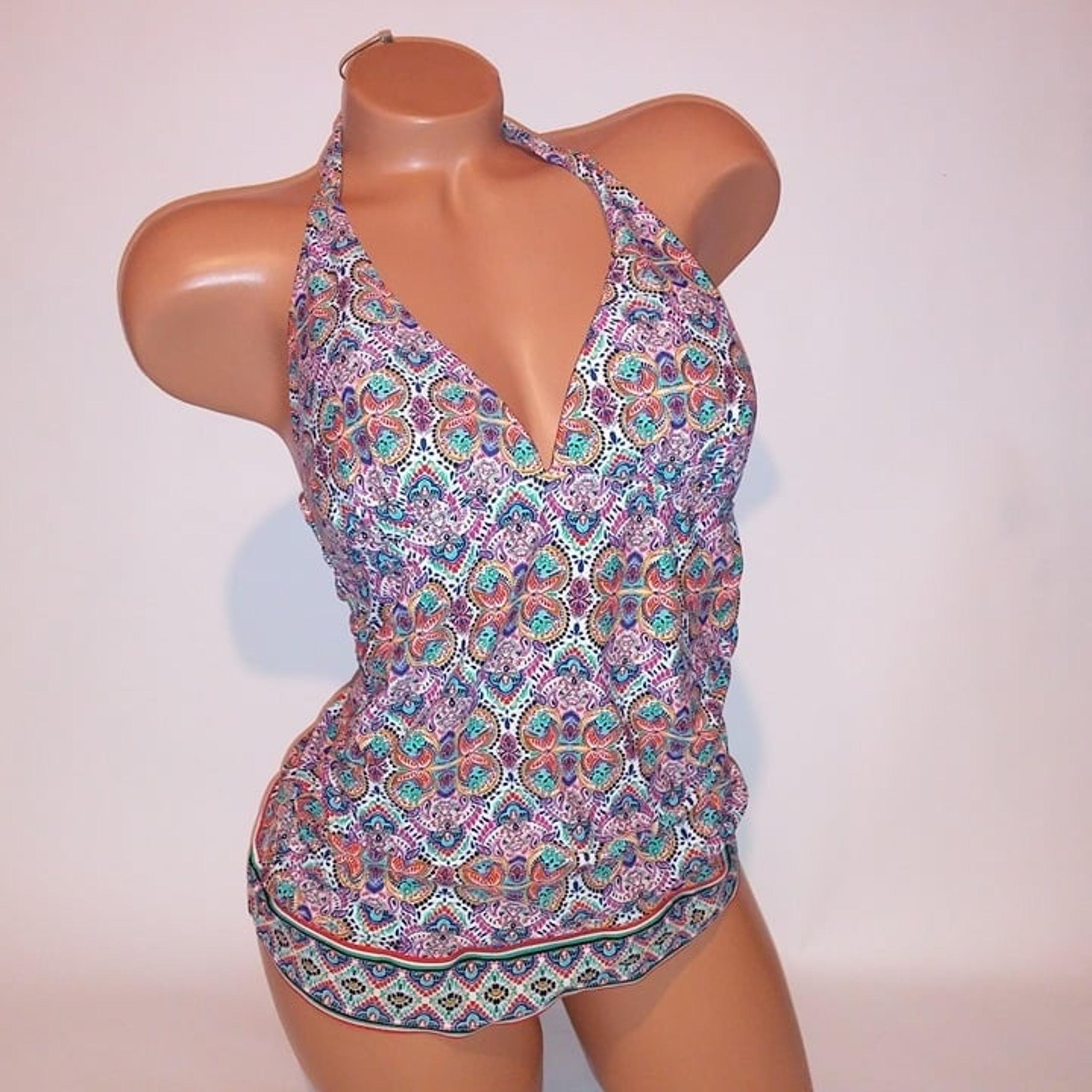 Chaps Swim Tankini Top Size 6 Blue Orange Halter Lightly Lined Wireless Preowned