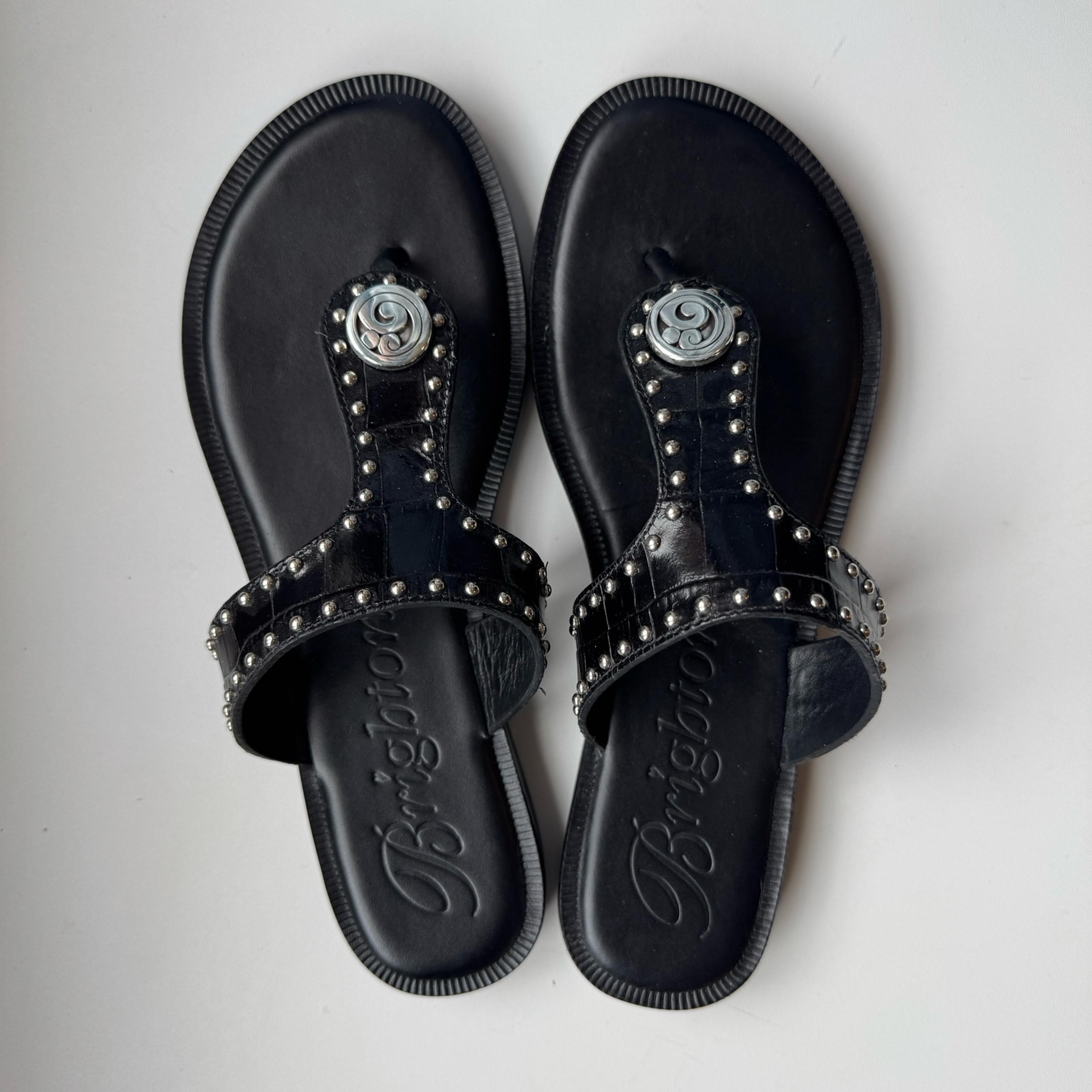 Brighton Alfa Black Leather Studded Sandals, Size 7