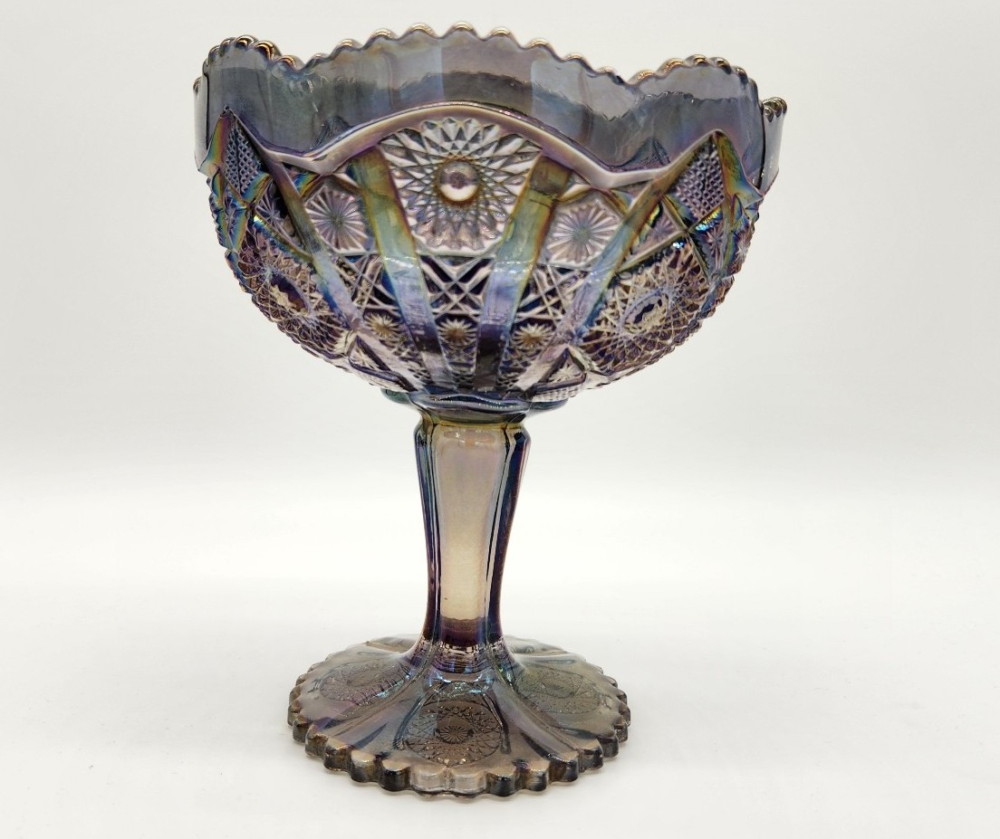 Vintage Imperial Glass Carnival Amethyst Gray Smoke Sawtooth Footed Bowl