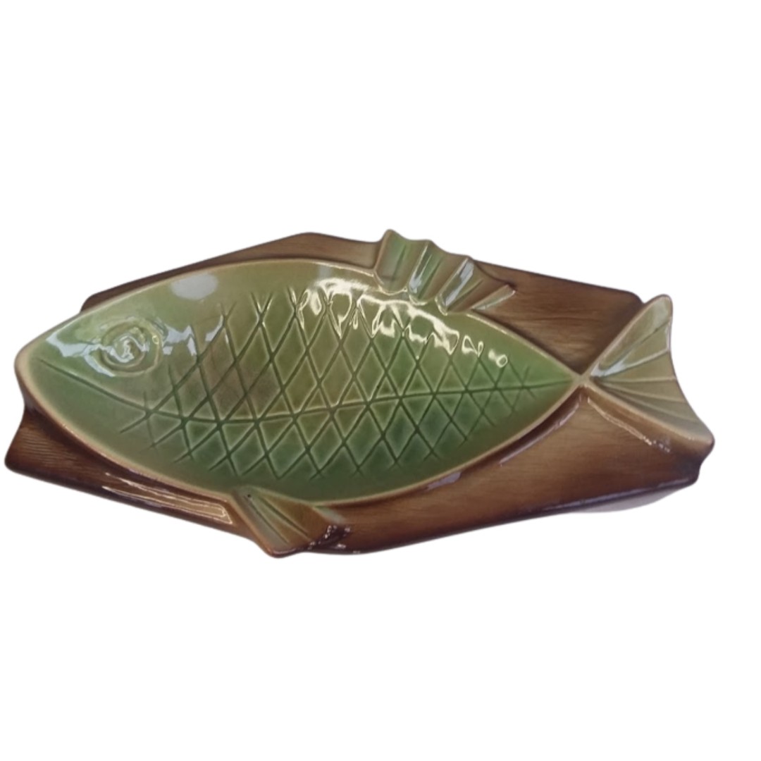 MCM USA Fish Ashtray Green Ceramic OOAK 9 x5