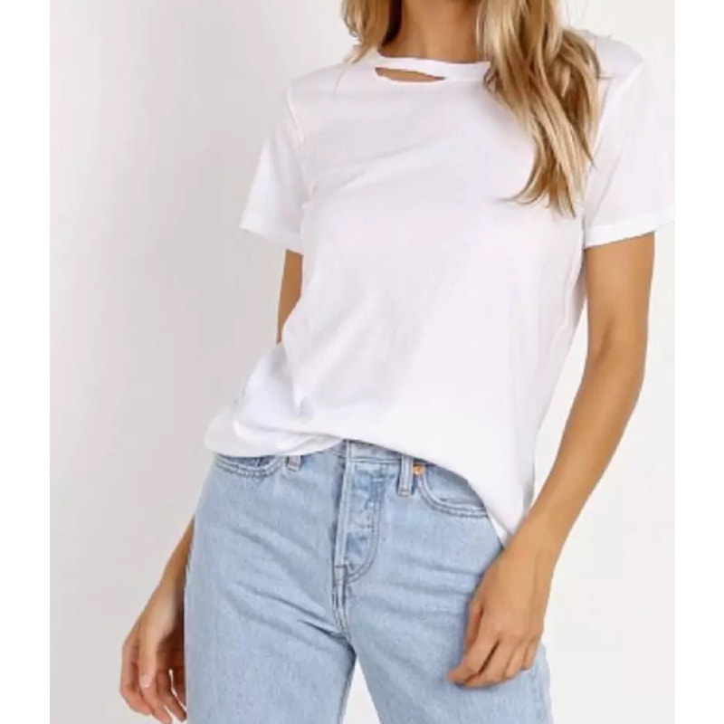 n: Philantrophy Medium Harlow Distressed BFF Tee White Cotton Crew Short Sleeves