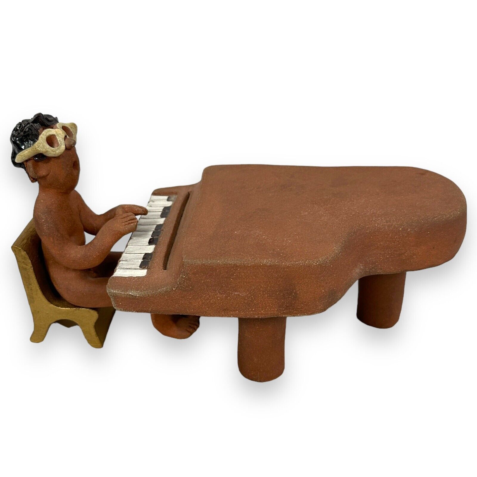 Vintage Rizzo Hollis ME Clay Sculpture Art 1970s Nude Guy Glasses Piano Player