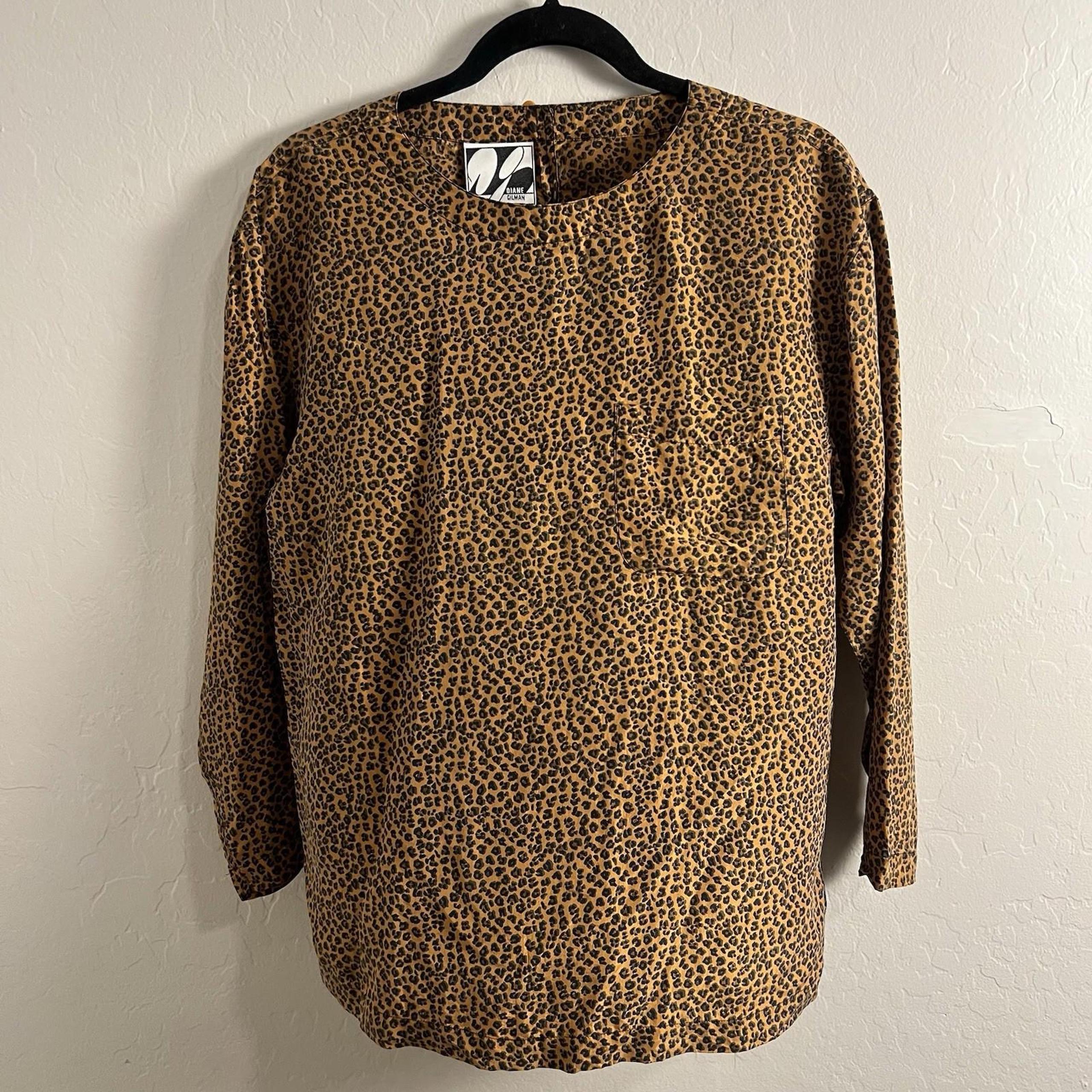 Diane Gilman (Size S) 100% Silk Blouse Animal Print Brown LS Lightweight Shirt