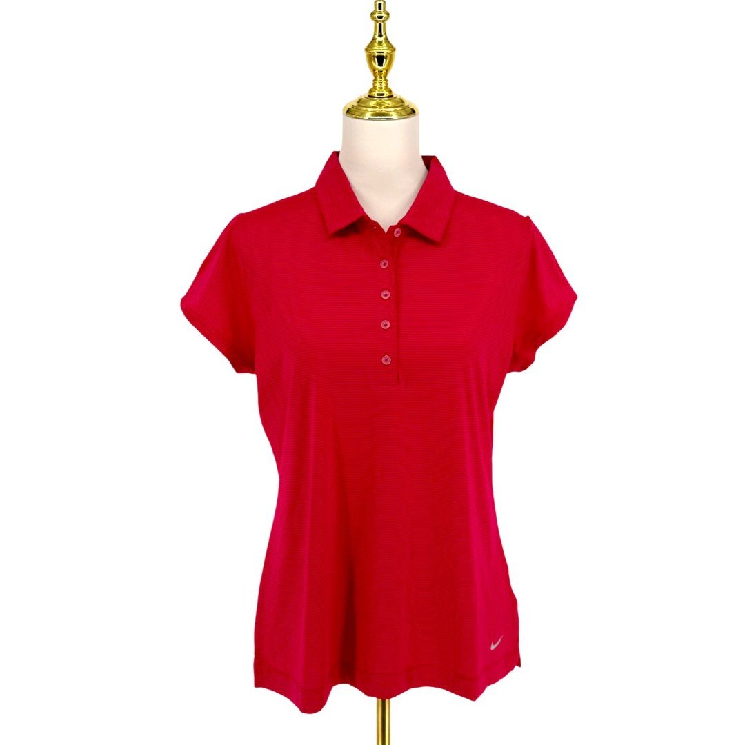 Nike Golf Tour Performance Women's LG Red Striped Dri-Fit Short Sleeve Polo Top