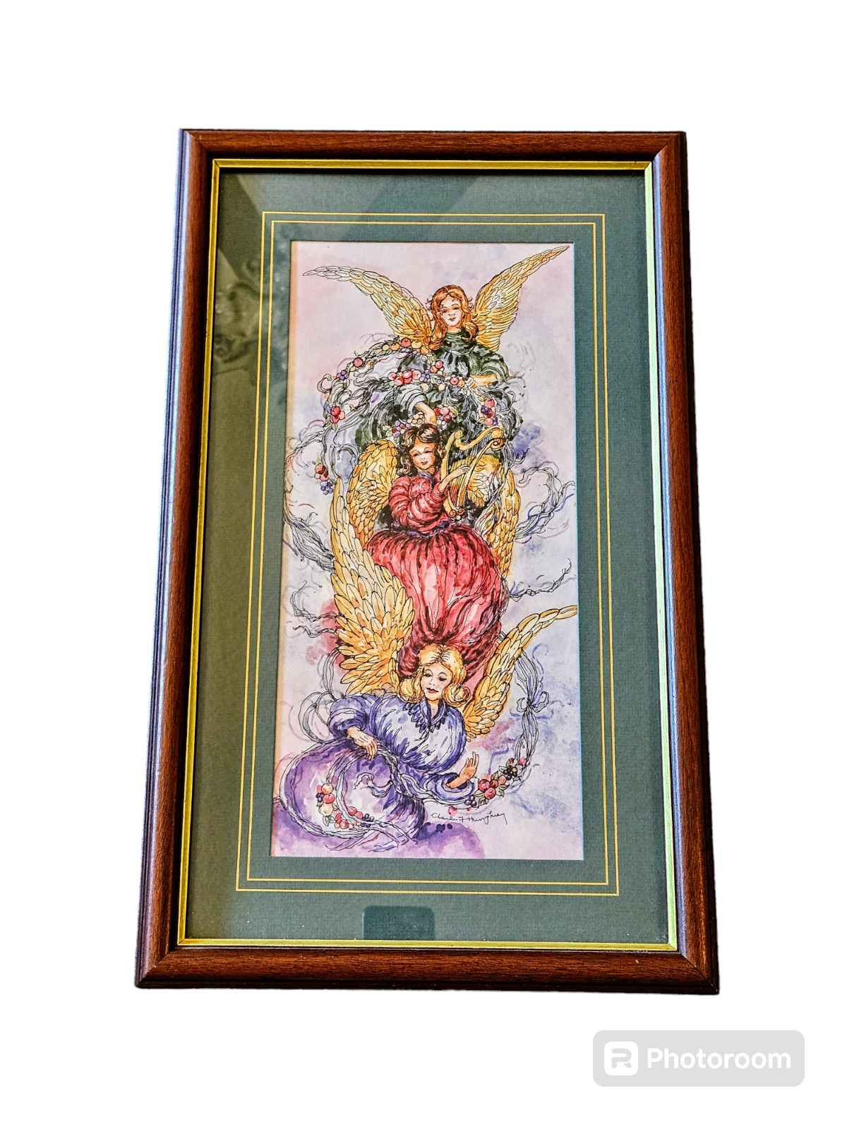 Vintage Charles Humphrey Angels Golden Wings Signed And Framed Art Print 12.5x21