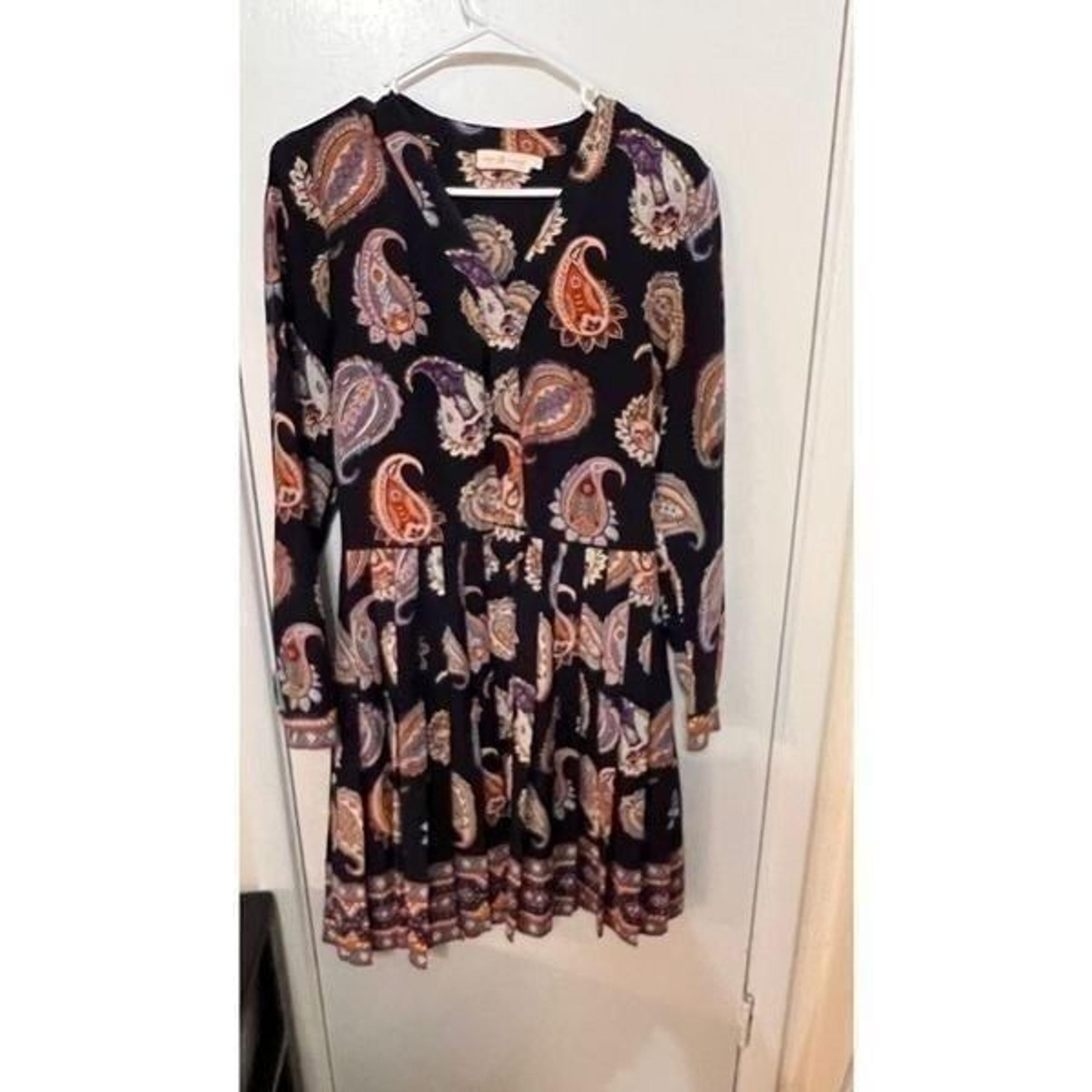 Tory Burch Womens Silk Long Sleeve V Neck Pleated Paisley Mini Dress Navy Size 2