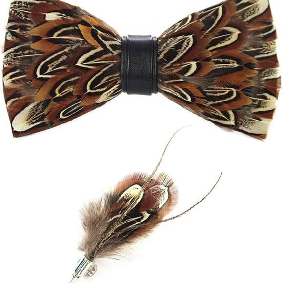 Handmade Feather Bow Tie Brooch Set