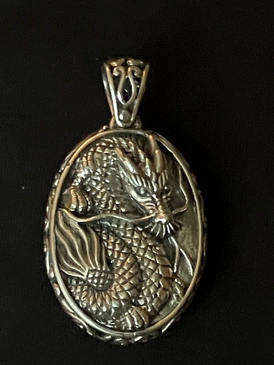 Vintage Sterling Carved Natural Bovine Bone Dragon Pendant