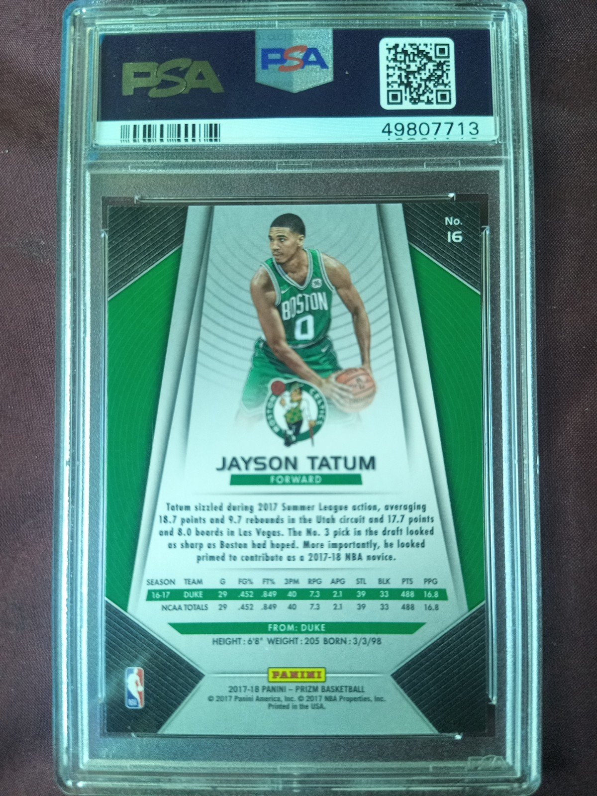 2017 Jayson Tatum Panini Prizm #16 Rookie Card PSA GRADED GEM 10