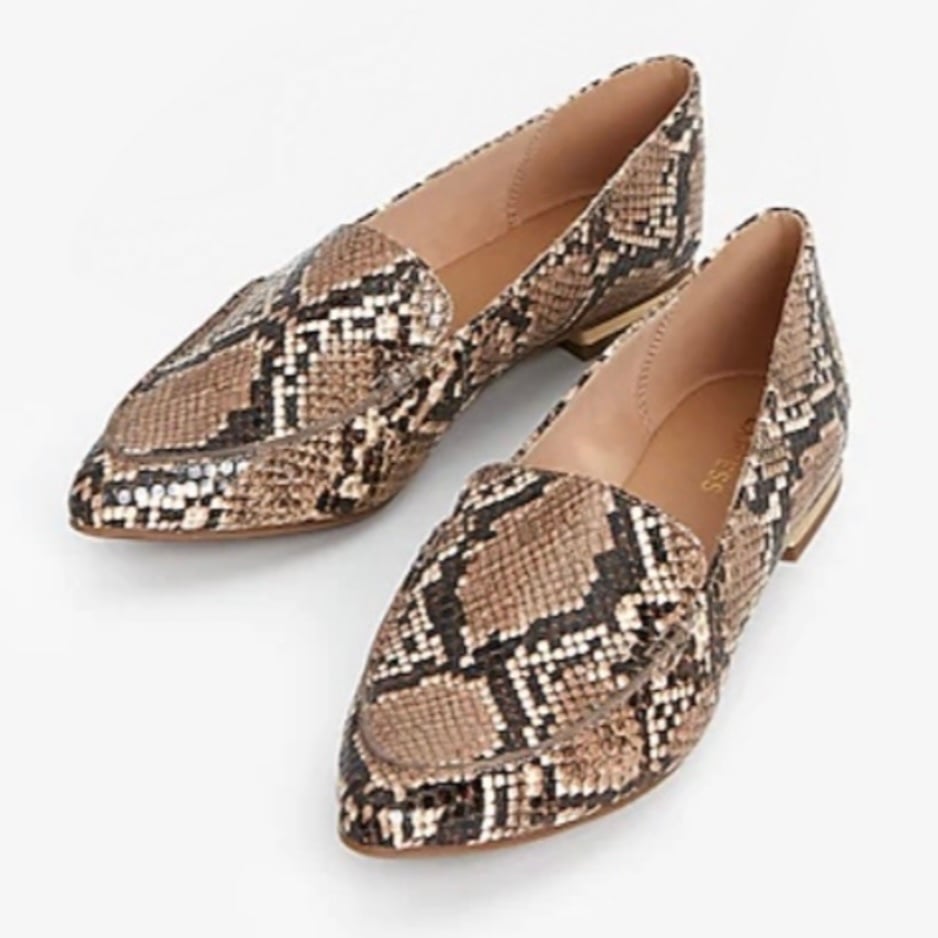 Express Snakeskin Print Lenox Loafers Gold Heels Women’s 7.5 New with Tags NWT