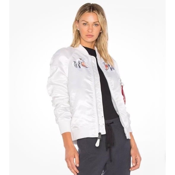 ALPHA INDUSTRIES WOMEN'S MA-1 SOUVENIR TIGER FLIGHT BOMBER JACKET sz L WHITE