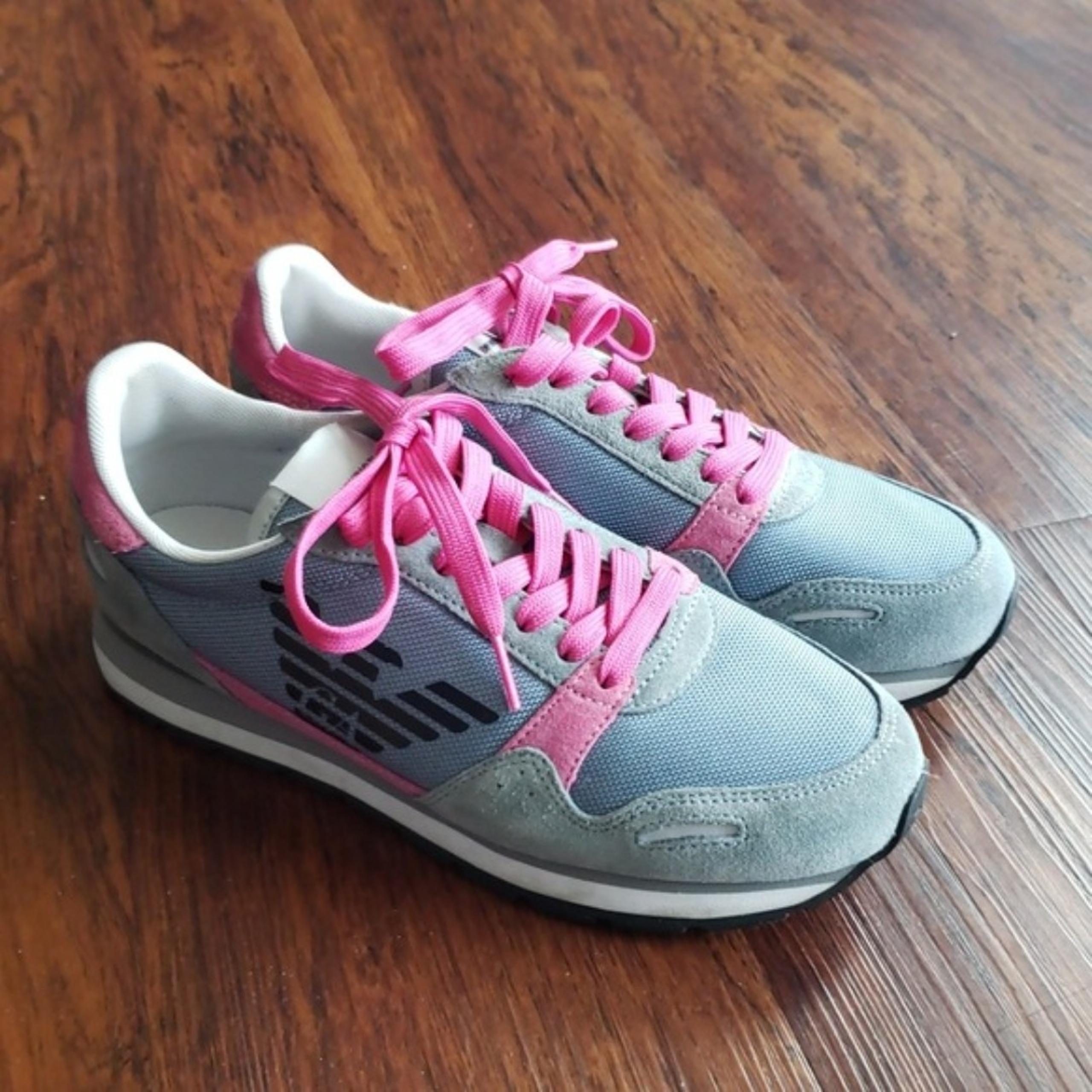 NEW Giorgio Armani Gray Pink Suede Canvas Platform Sneakers Size 6