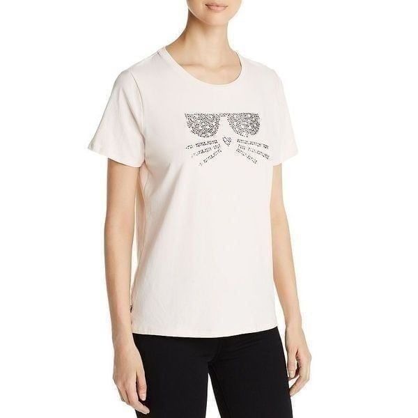 Karl Lagerfeld Women Cat Face Choupette Rhinestone Pearl Pink T Shirt Alabaster