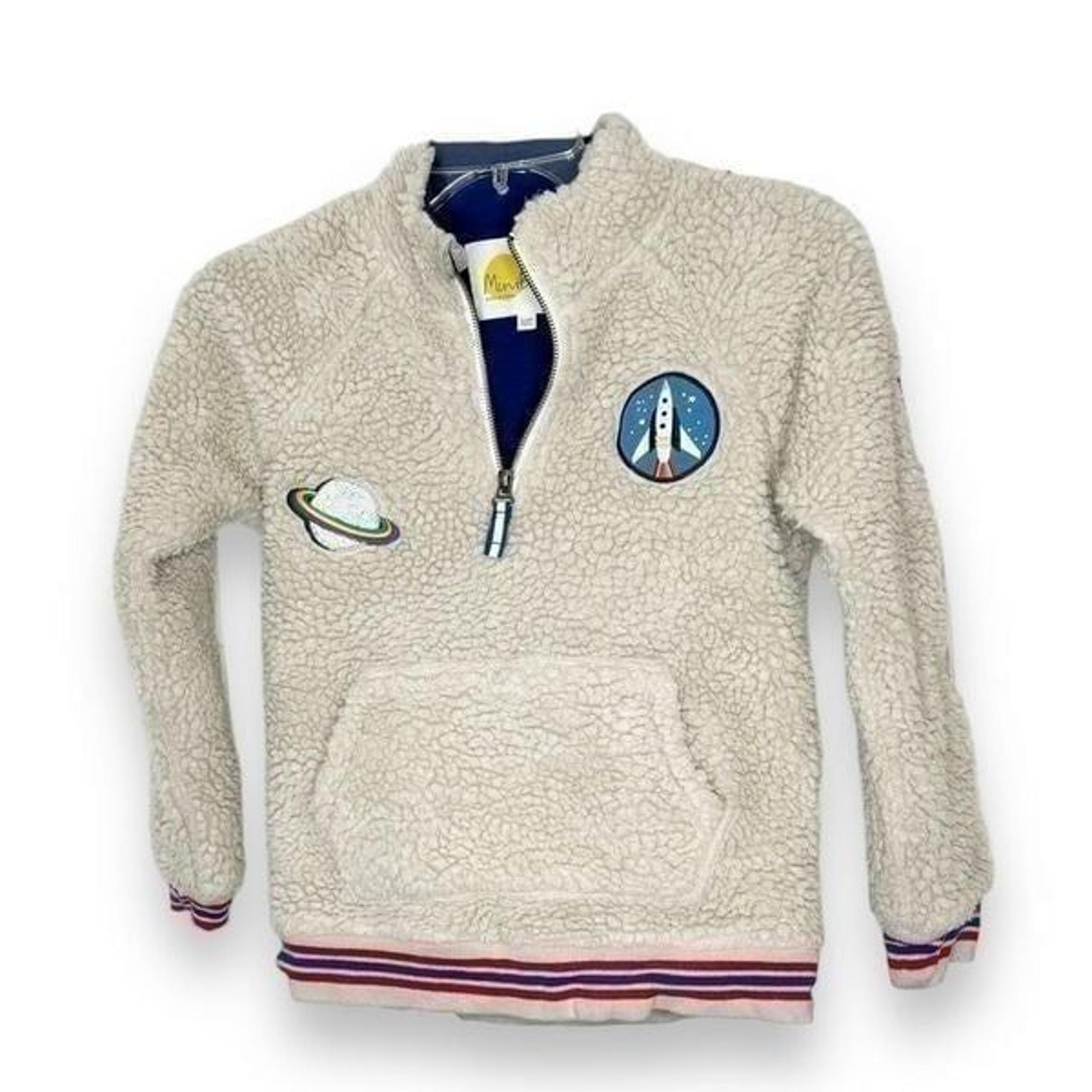 Mini Boden Ivory Space Race Embroidered Sherpa Half Zip Pullover Jacket 9-10 Yrs