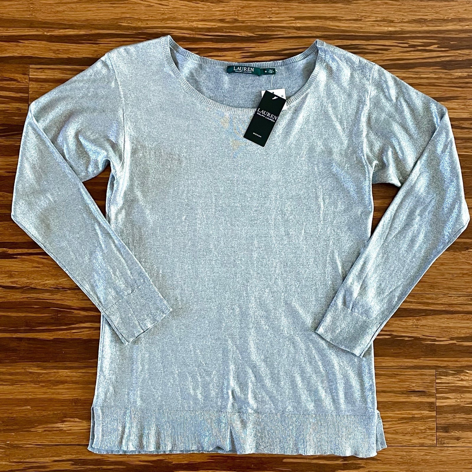 Ralph Lauren Womens Silver Lame Jewel Neck Cotton Lightweight Sweater MEDIUM NEW