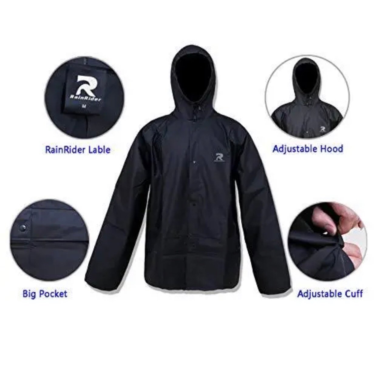 RainRider Rain Jacket Adult Size 3X Black Waterproof Rain Gear Reflective Pocket