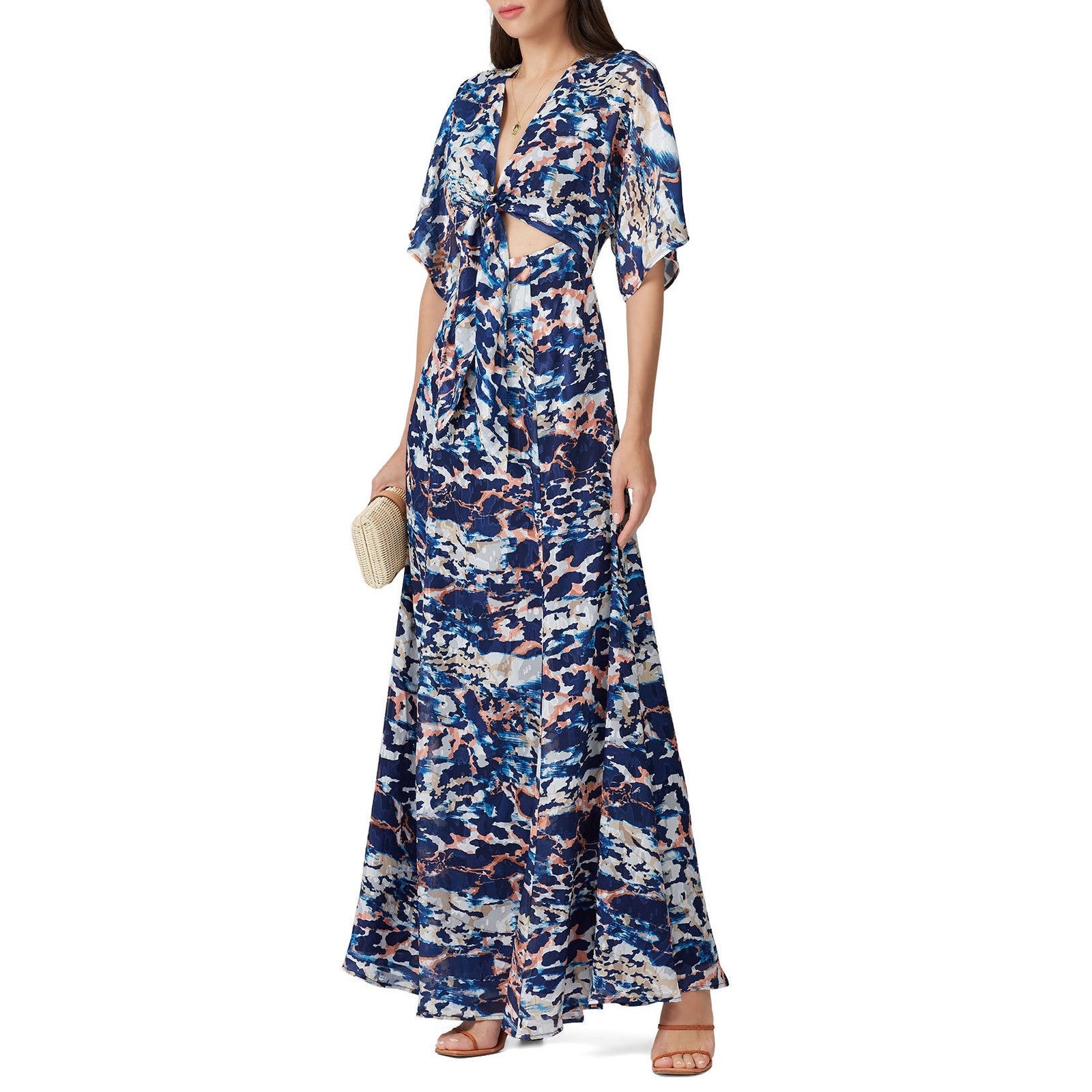 Hutch Chiara Blue Printed Tie Front V-Neck Kimono Maxi Dress Size M