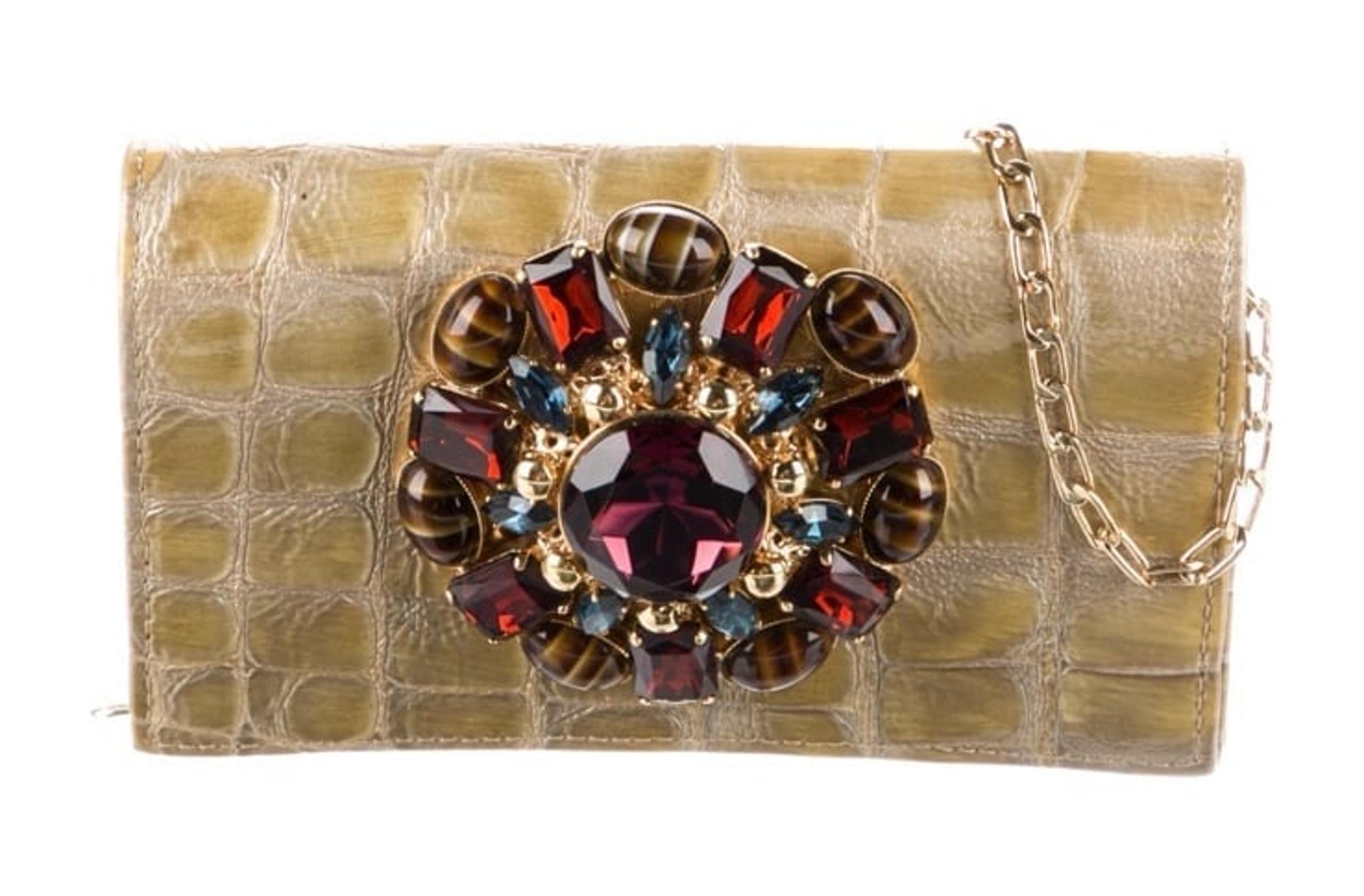 Carlos Falchi Fatto a’ Mano croc embossed crystal glass stone flower clutch #53